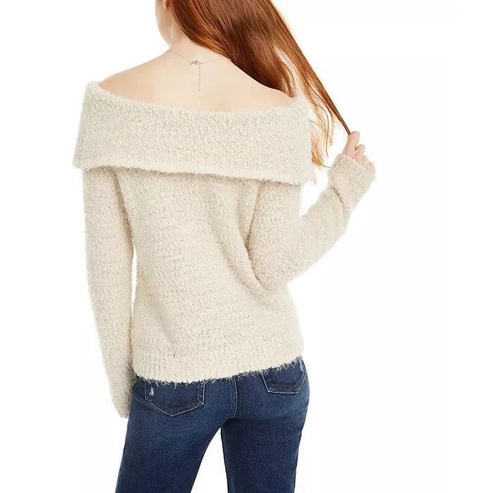 Freshman Juniors' Off-The-Shoulder Fuzzy Sweater Beige Size 2 Extra Large