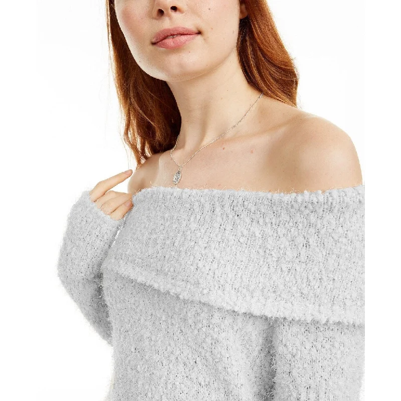 Freshman Juniors' Off-The-Shoulder Fuzzy Sweater Gray Size Extra Small