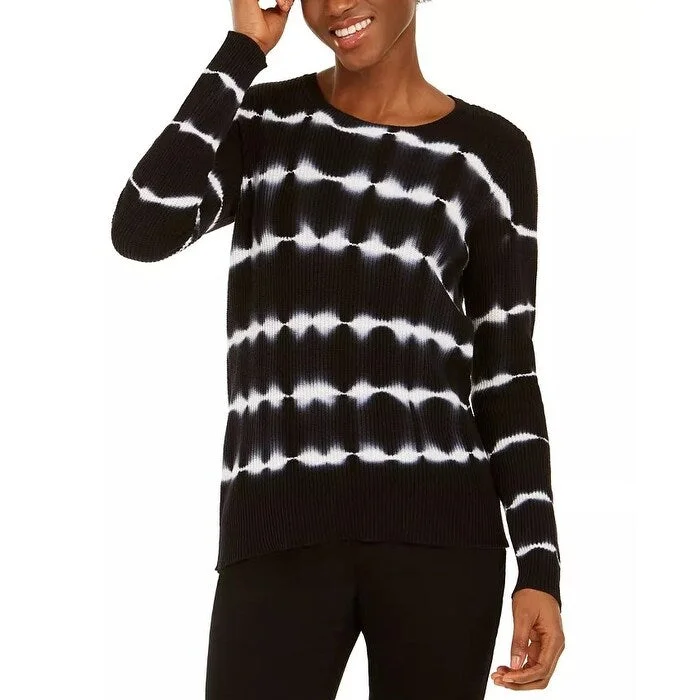 INC International Concepts Women's Cotton Tie-Dyed Striped Sweater Black Size Petite Medium - Petite Medium