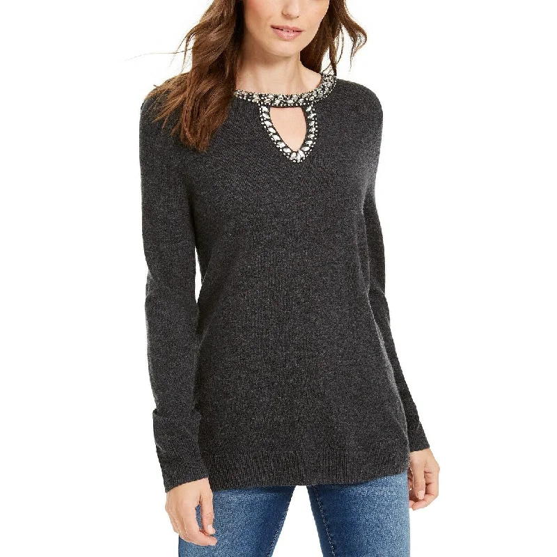 INC International Concepts Women's Embellished Keyhole Sweater Charcoal Size Medium