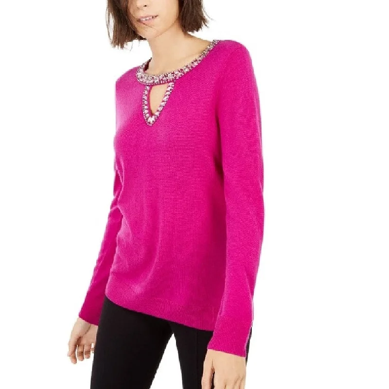 INC International Concepts Women's Embellished Keyhole Sweater Magenta Size Large