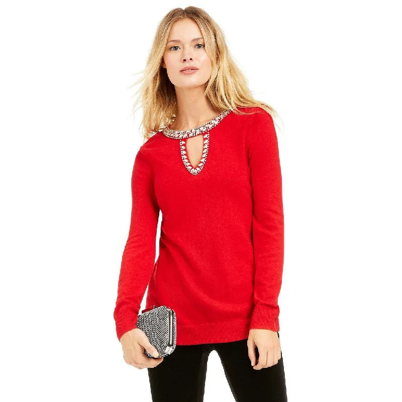 INC International Concepts Women's Embellished Keyhole Sweater Red Size Medium