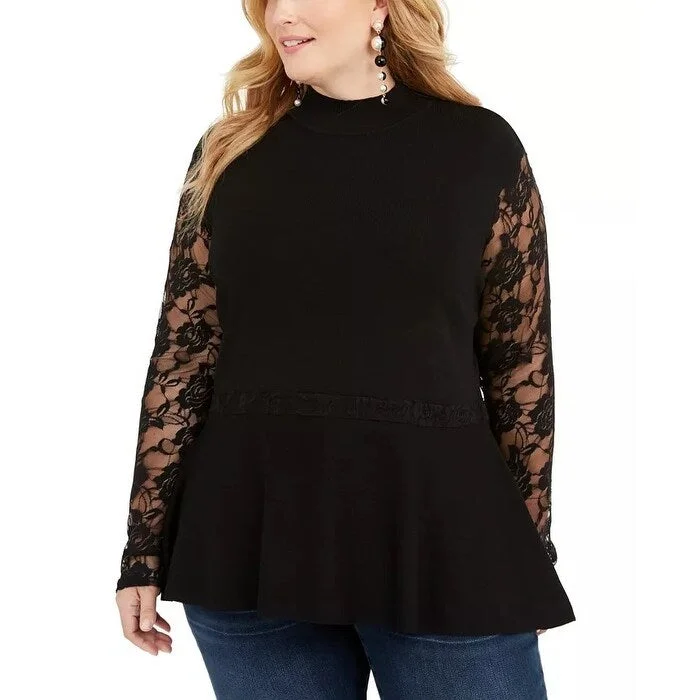 INC International Concepts Women's Lace Peplum Sweater Black Size 3X