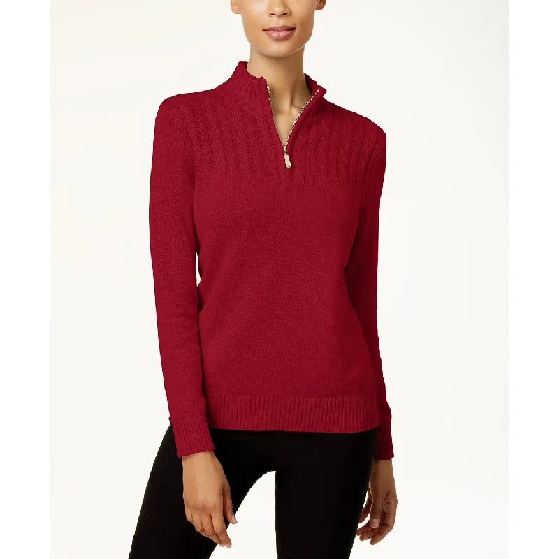 Karen Scott Women's Cotton Zip Neck Sweater Bright Red Size Large