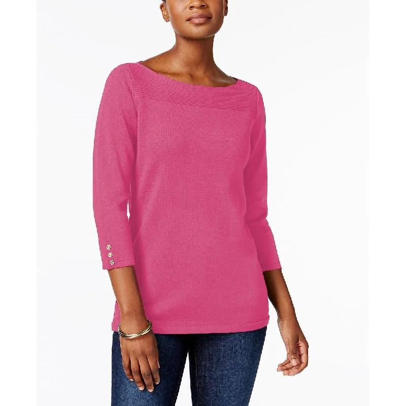 Karen Scott Women's Petite Cotton Button-Trim Sweater Pink Size Large - Petite-Large