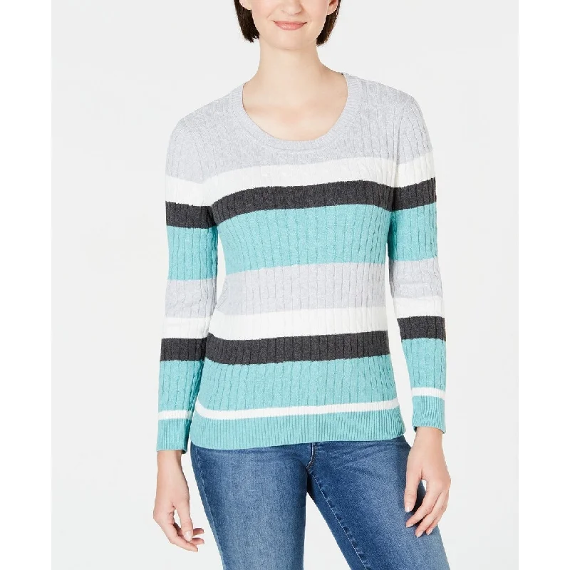 Karen Scott Women's Veronica Striped Cotton Cable Sweater Teal Aqua Combo Size Extra Large