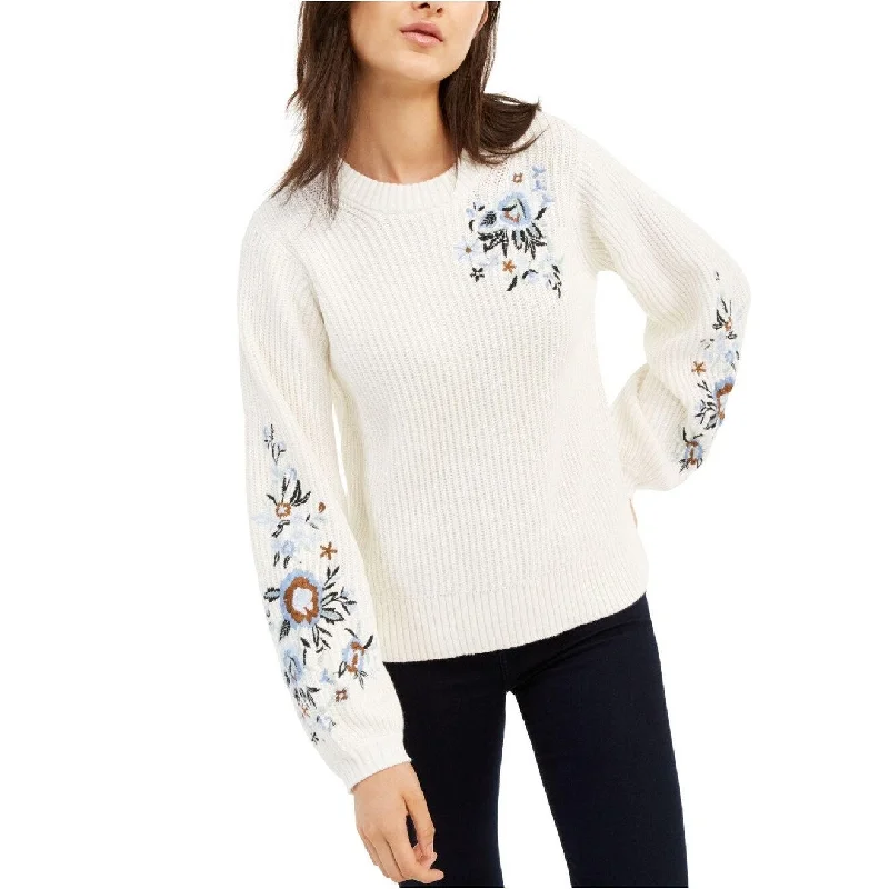 Lucky Brand Women's Embroidered Sleeve Rib Sweater White Size Large