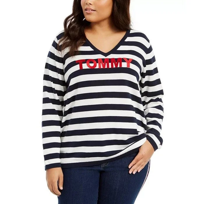 Tommy Hilfiger Women's Plus Ivy Striped Logo Sweater Blue Size 3X