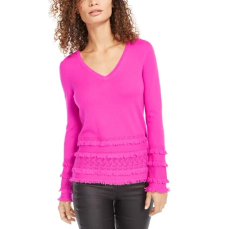 Trina Turk Women's Merino Wool Pointelle Fringe-Trim Sweater Brght Pink Size Small