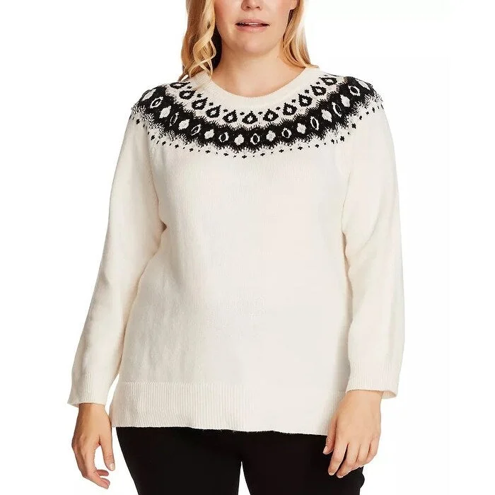 Vince Camuto Women's Plus Embellished Yoke Cotton Blend Sweater White Size 1X