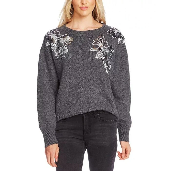 Vince Camuto Women's Sequin Floral Cotton Blend Sweater Charcoal Size X-Small