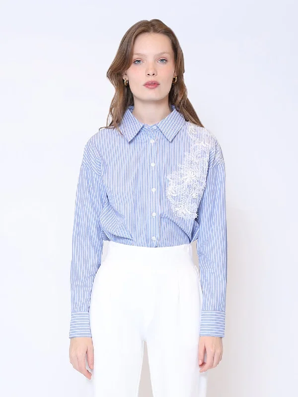 Flower Embroidered Striped Cotton Shirt