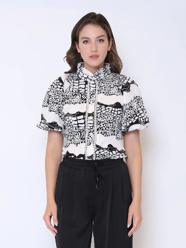 Graphic Print Floral Embroidered Puff Sleeve Shirt