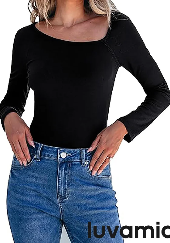 LUVAMIA Fitted Long Sleeve Slim Women Y2K Shirts Raglan Mega Stretch Top Blouses