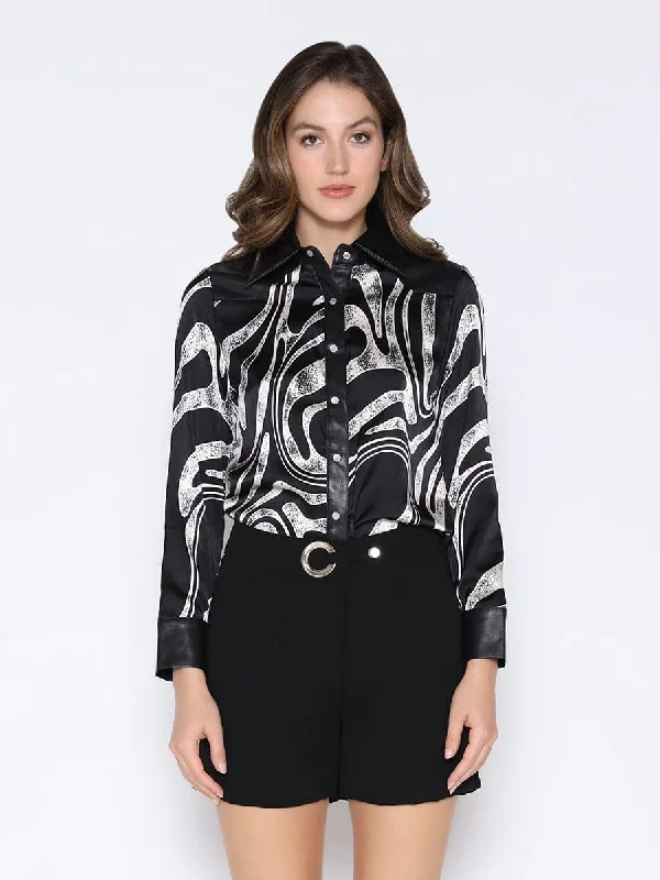 Print & Pleather Spliced Button-Down Shirt Top