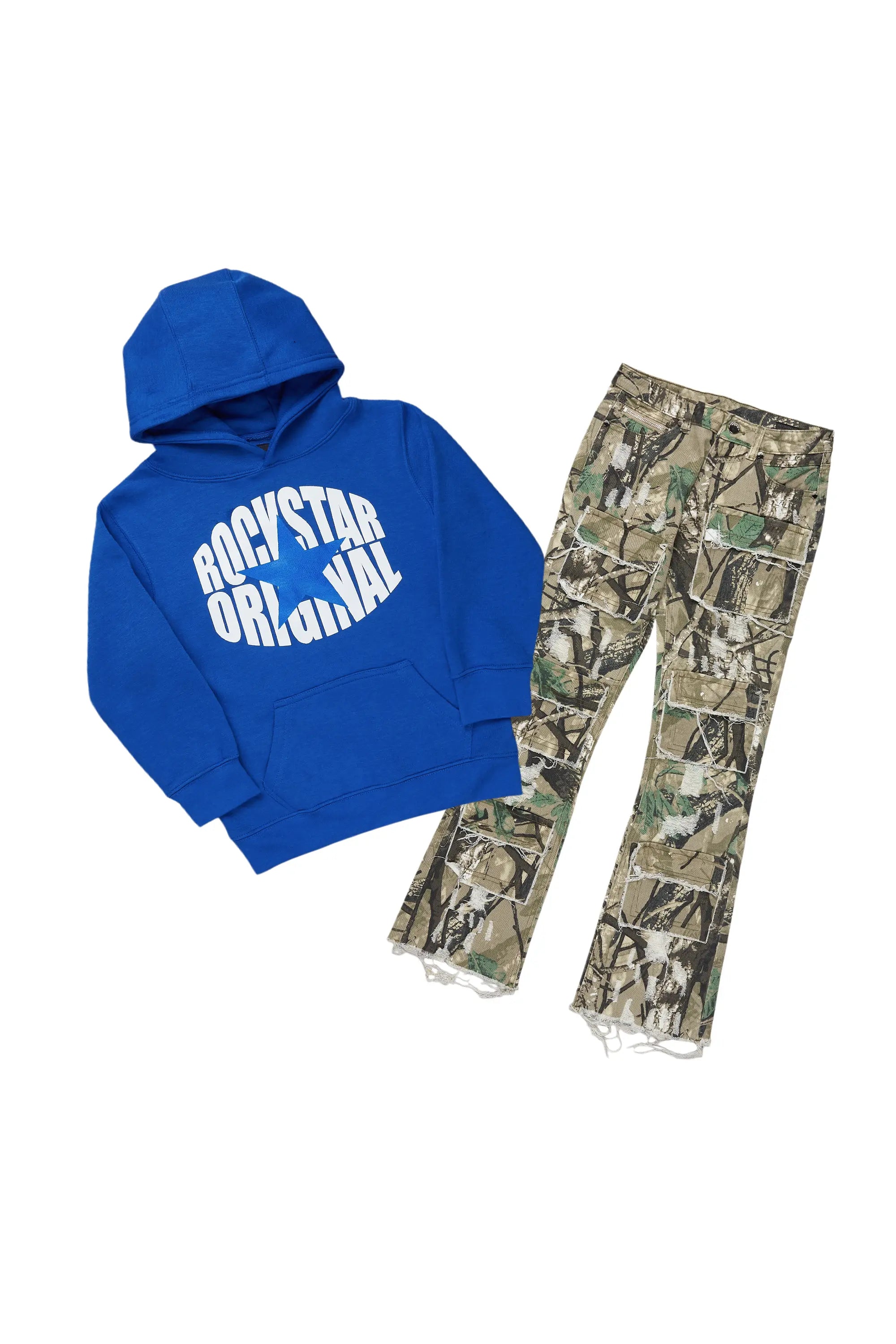 Boys Ezry Tree Camo/Royal Hoodie/Stacked Flare Jean Set