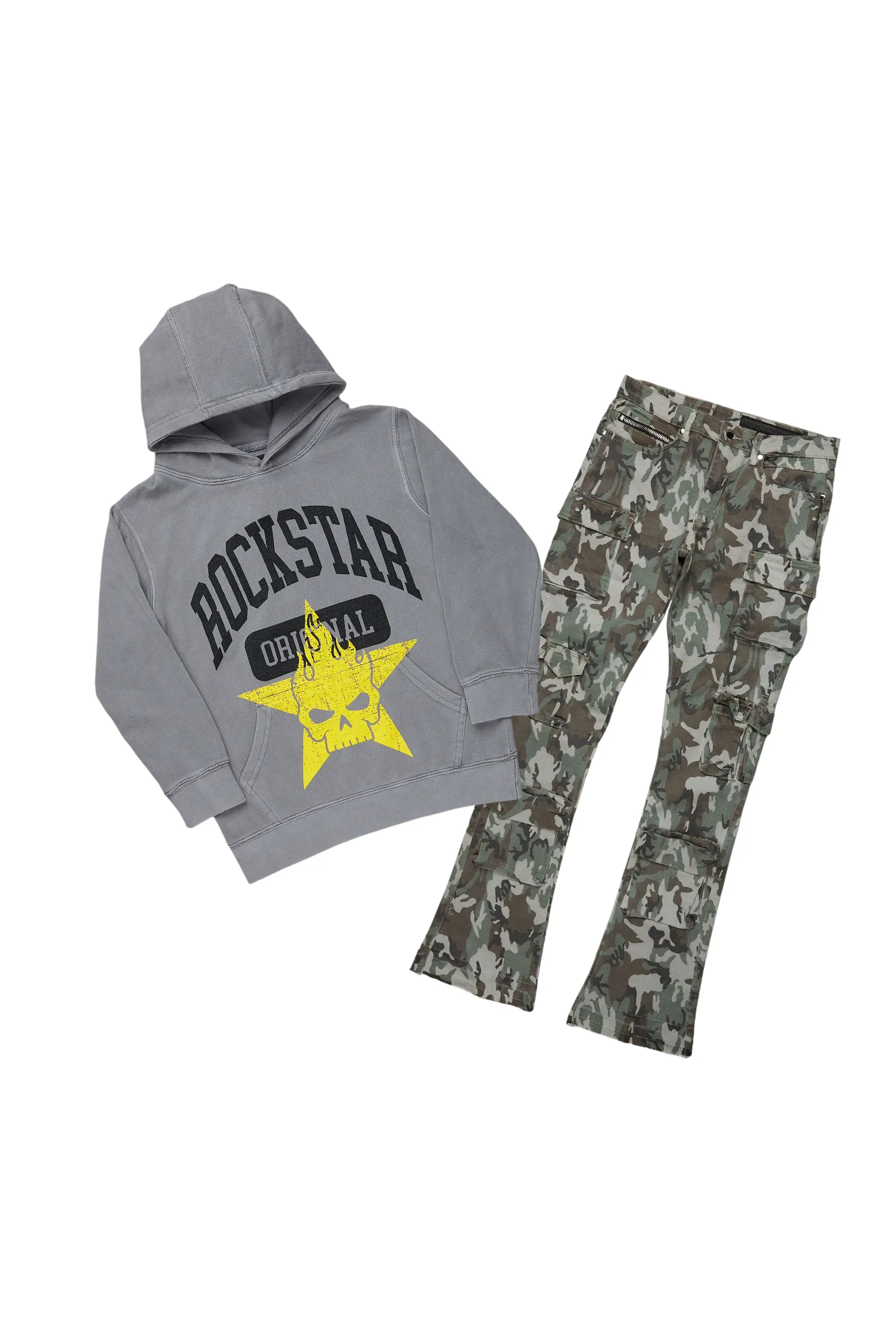 Boys Semaj Vintage Grey Hoodie/Stacked Flare Jean Set