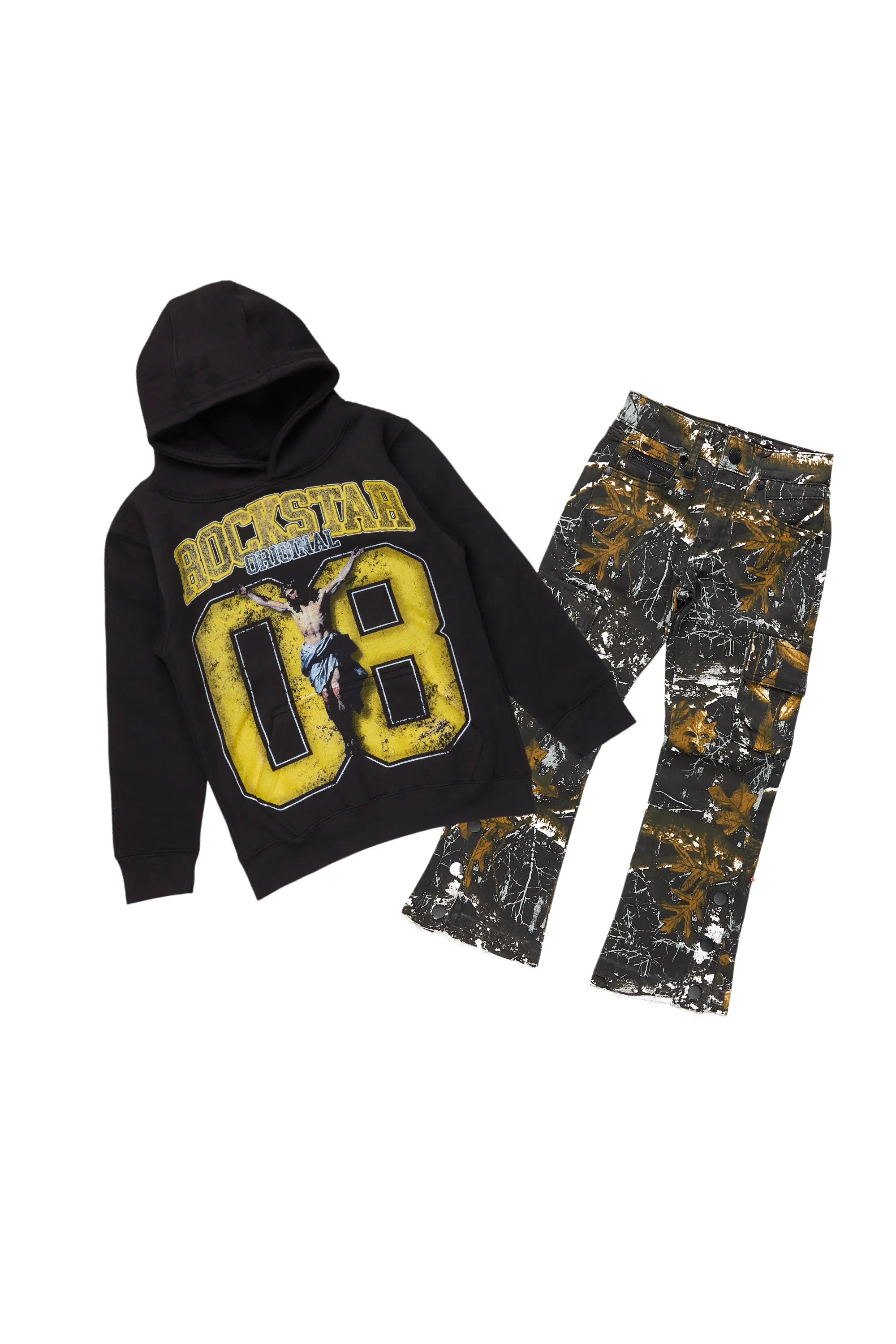 Boys Fields Black Hoodie/Stacked Flare Jean Set