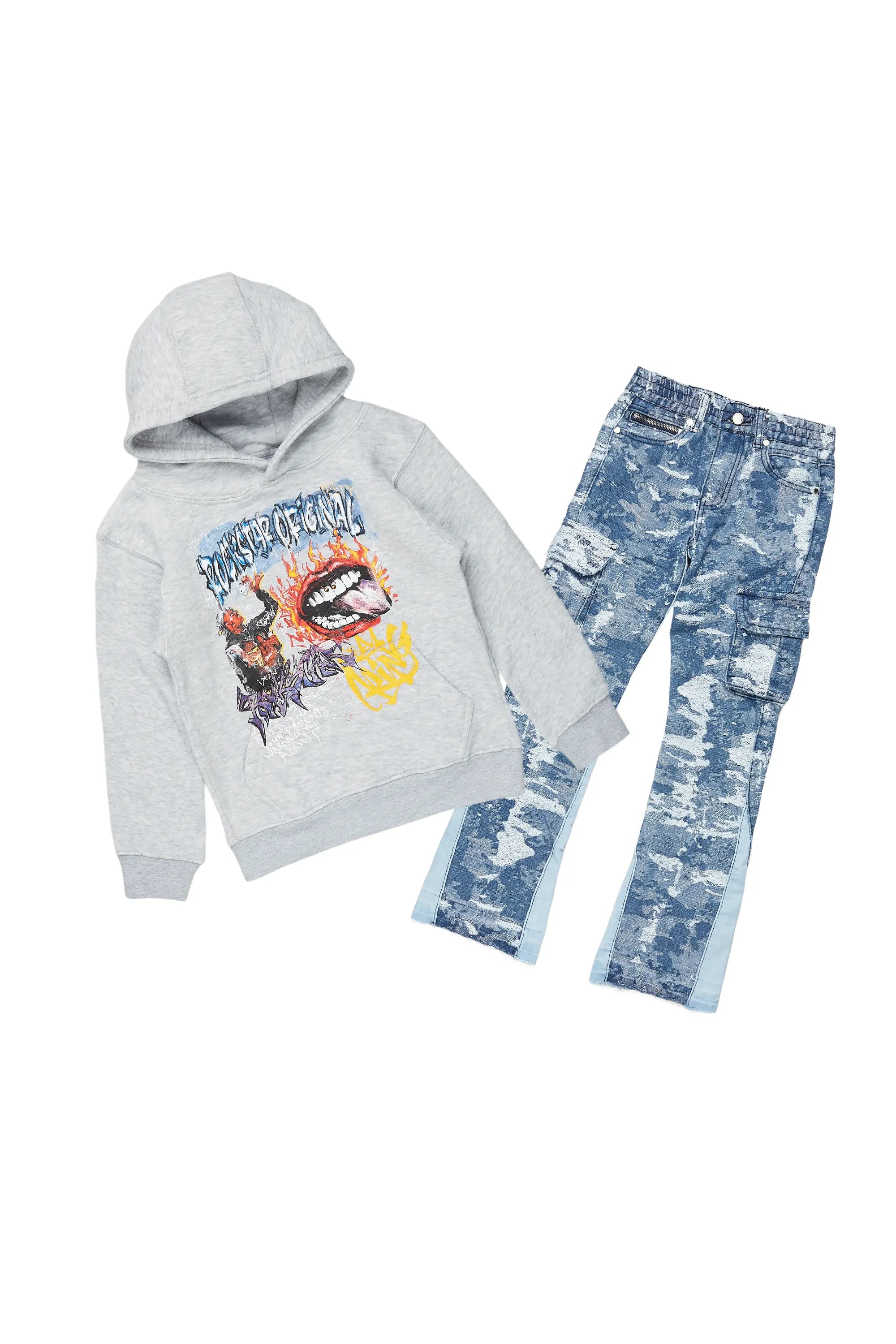 Boys Yooz Grey Hoodie/Stacked Flare Jean Set