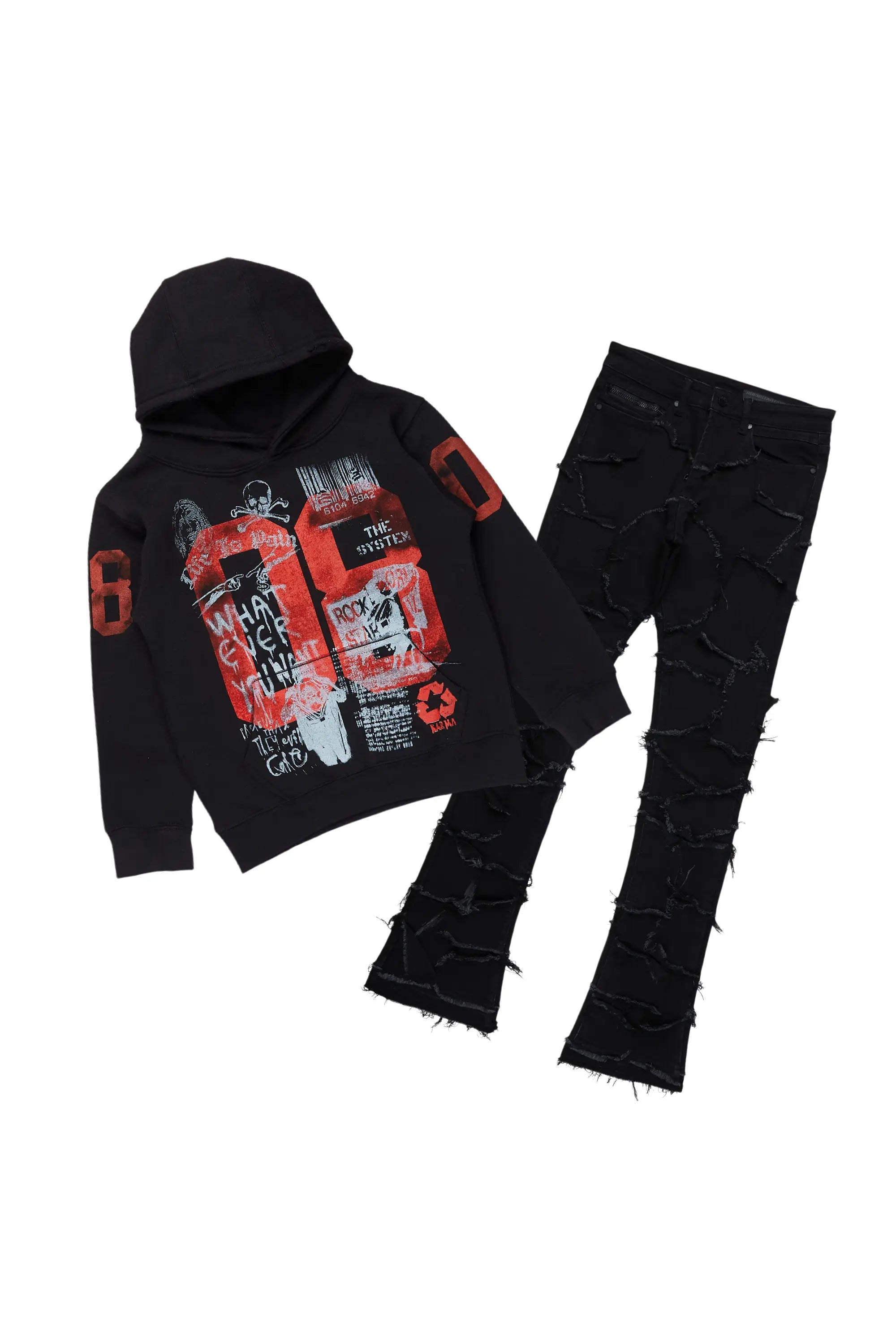 Boys Beni Black Hoodie/Stack Flare Jean Set