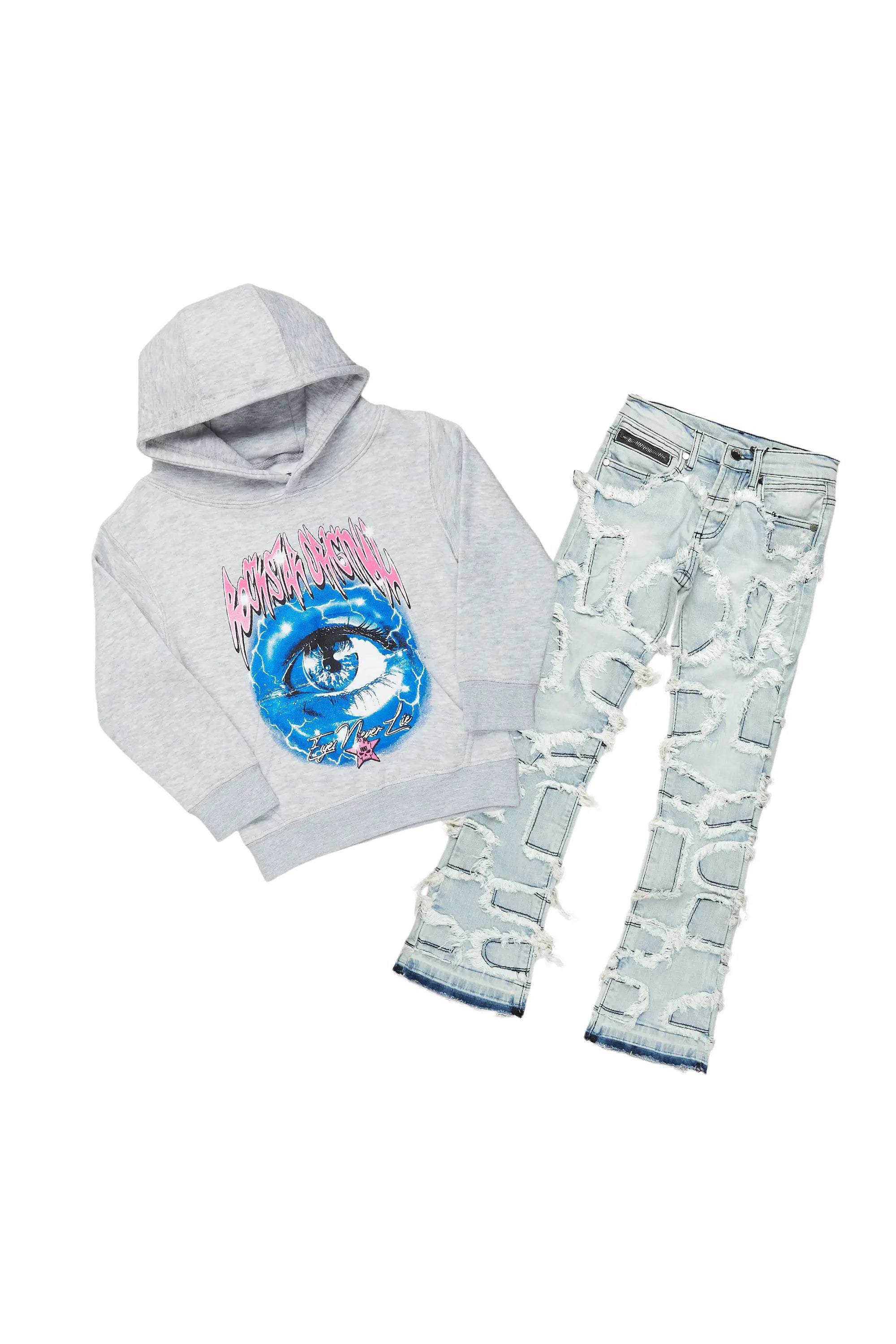 Boys  Davi Grey/Blue Hoodie/Stacked Flare Jean Set