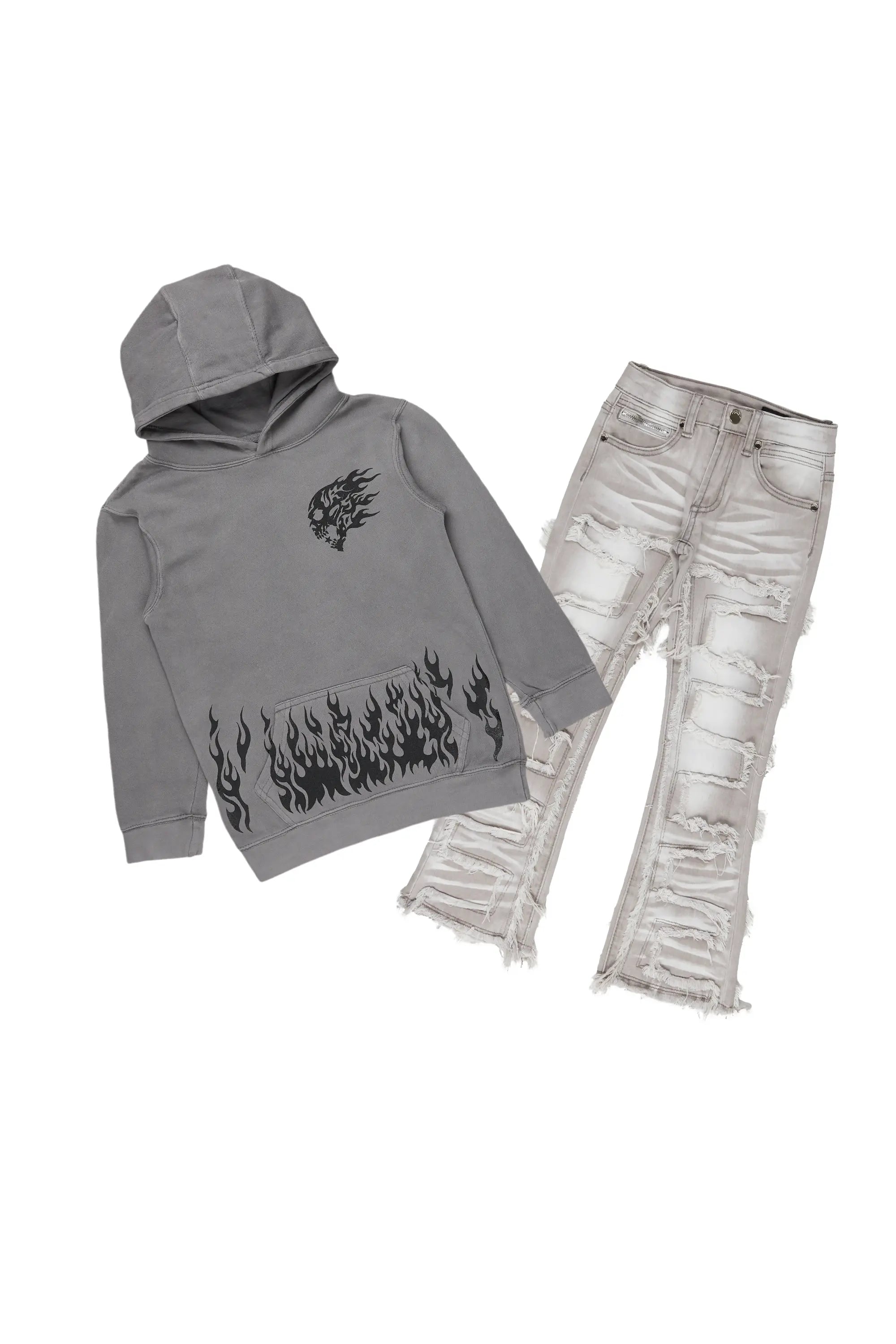 Boys Bubble Vintage Grey Hoodie/Stack Flare Jean Set