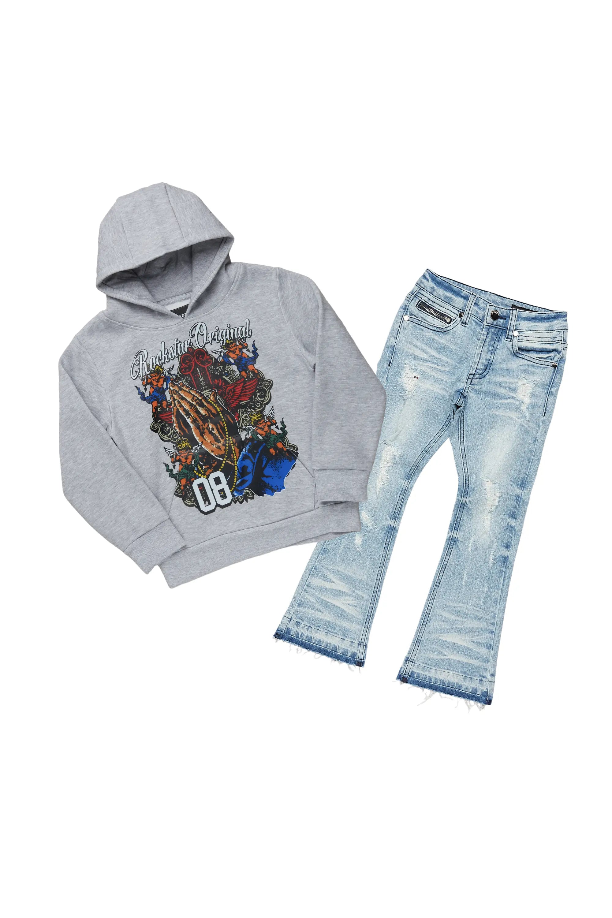 Boys Jaylen Grey Hoodie/Stacked Flare Jean Set