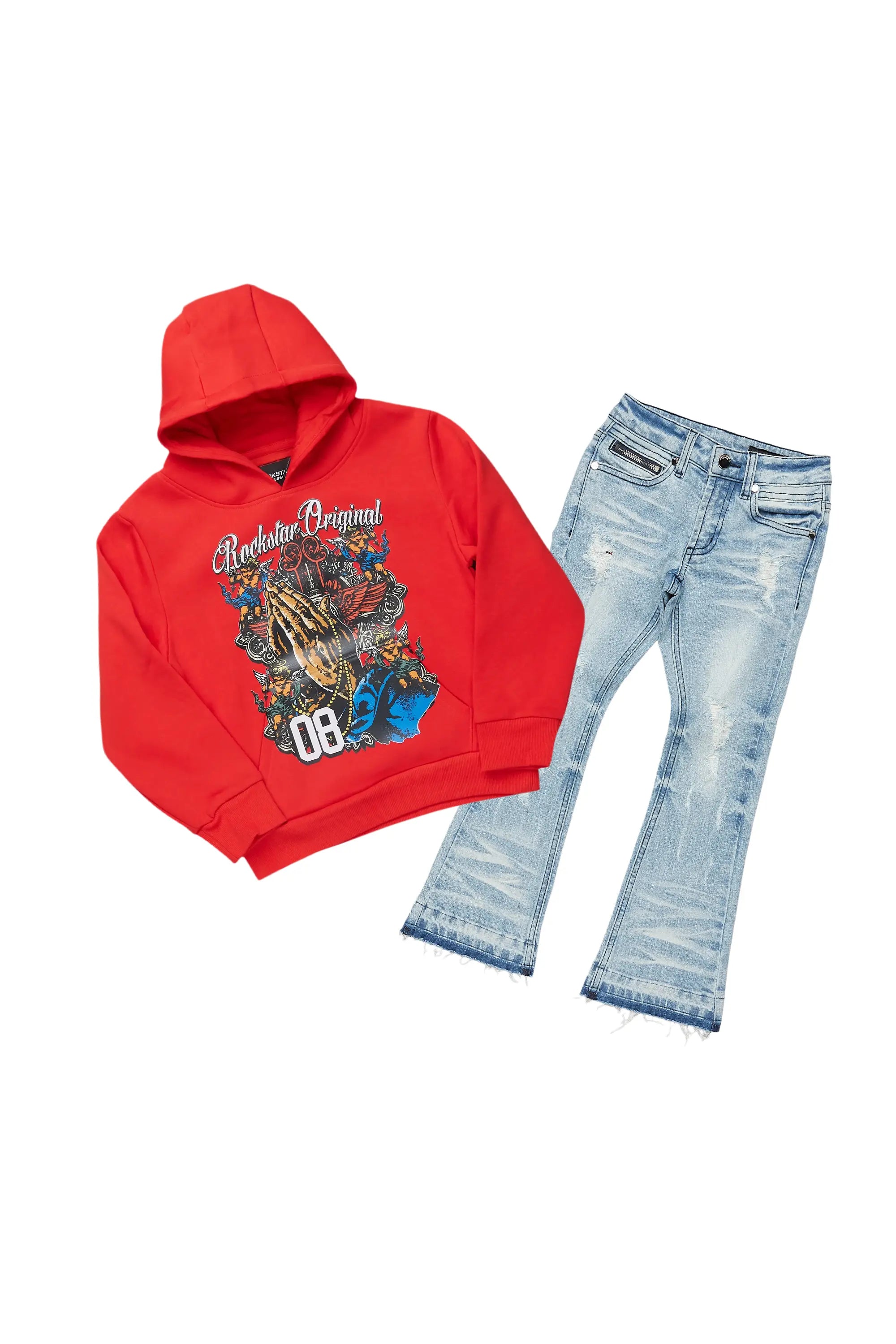 Boys Jaylen Red Hoodie/Stacked Flare Jean Set