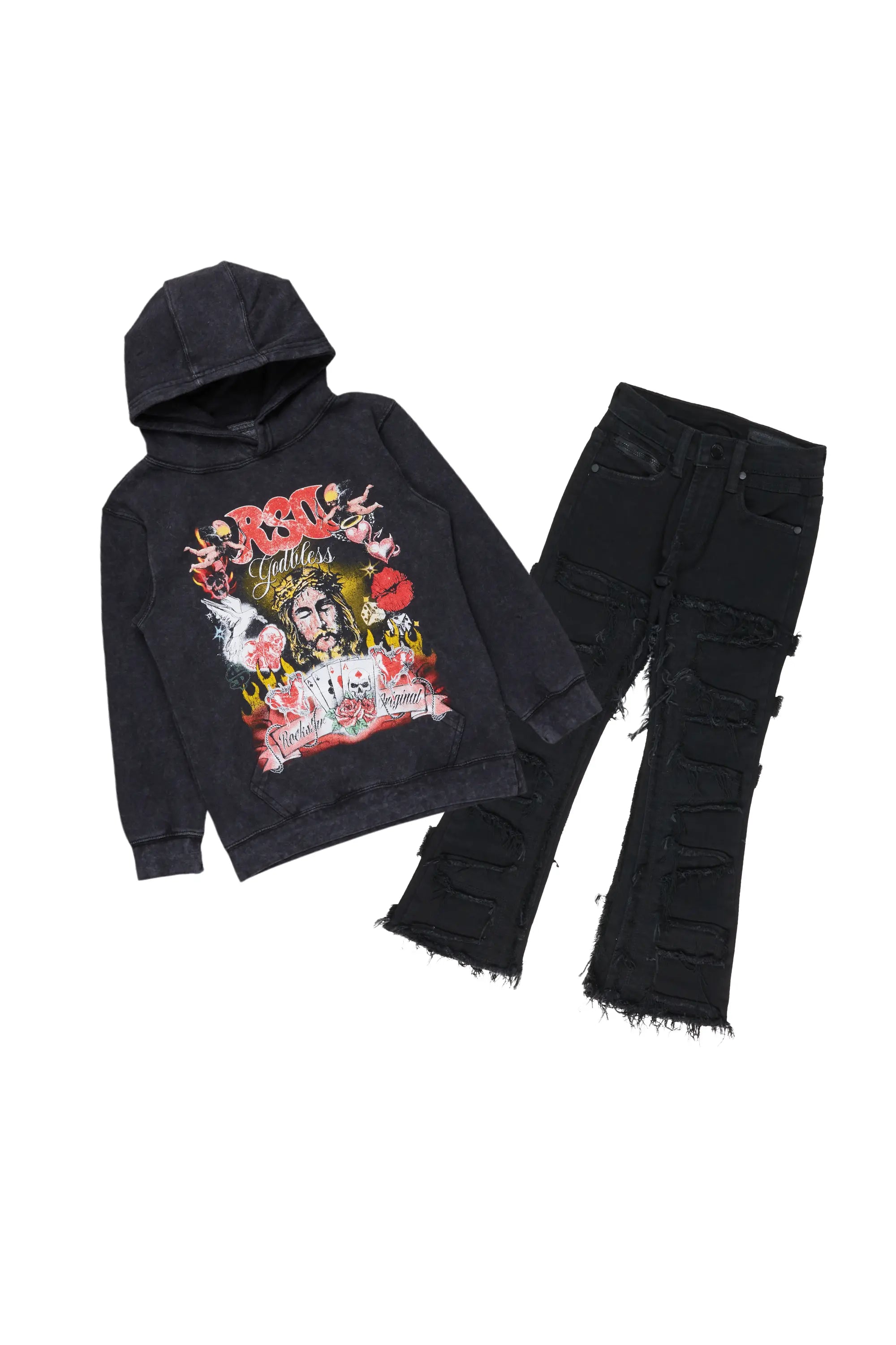 Boys Germain Vintage Black Hoodie/Stack Flare Jean Set