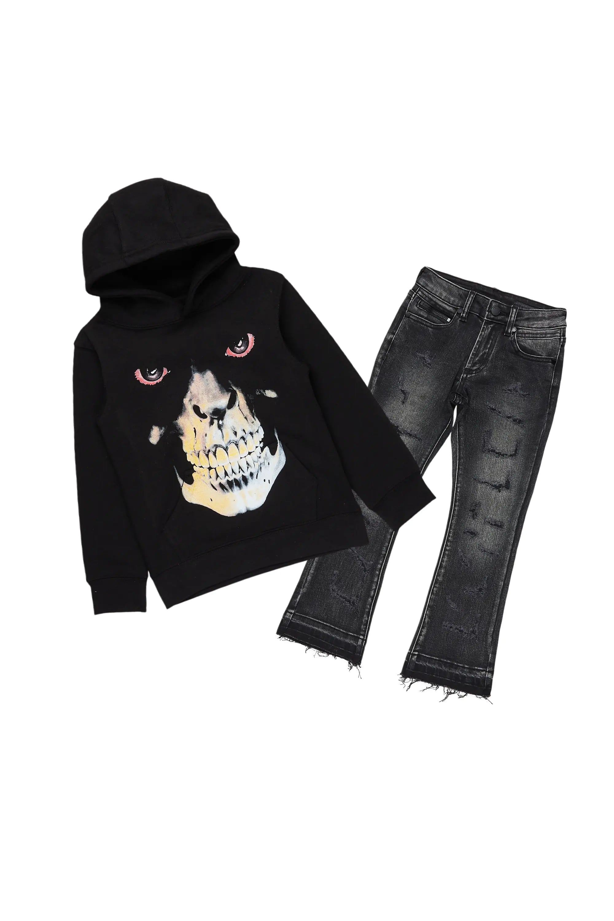 Boys Dunebu Black Hoodie/Stacked Flare Jean Set