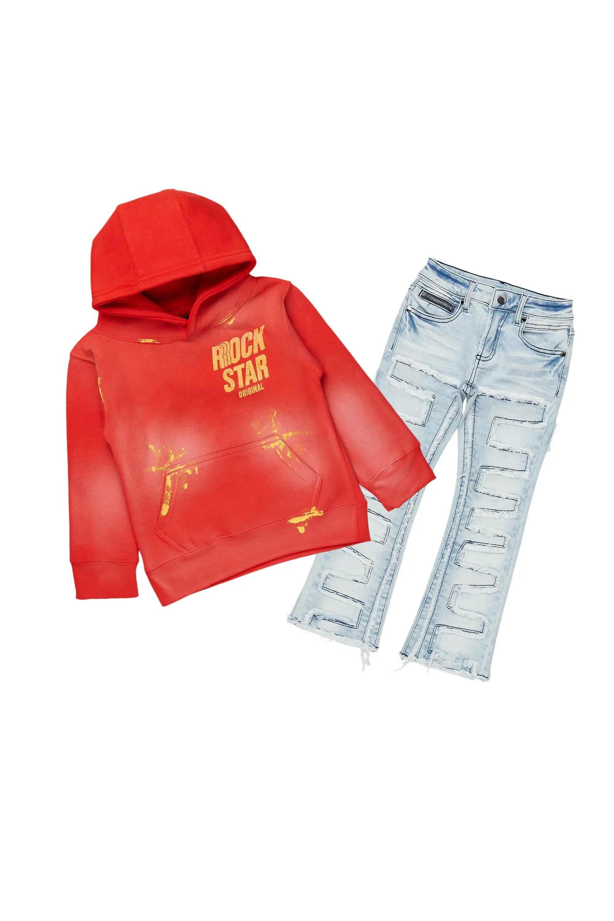 Boys Aiden Red Hoodie/Stacked Flare Jean Set