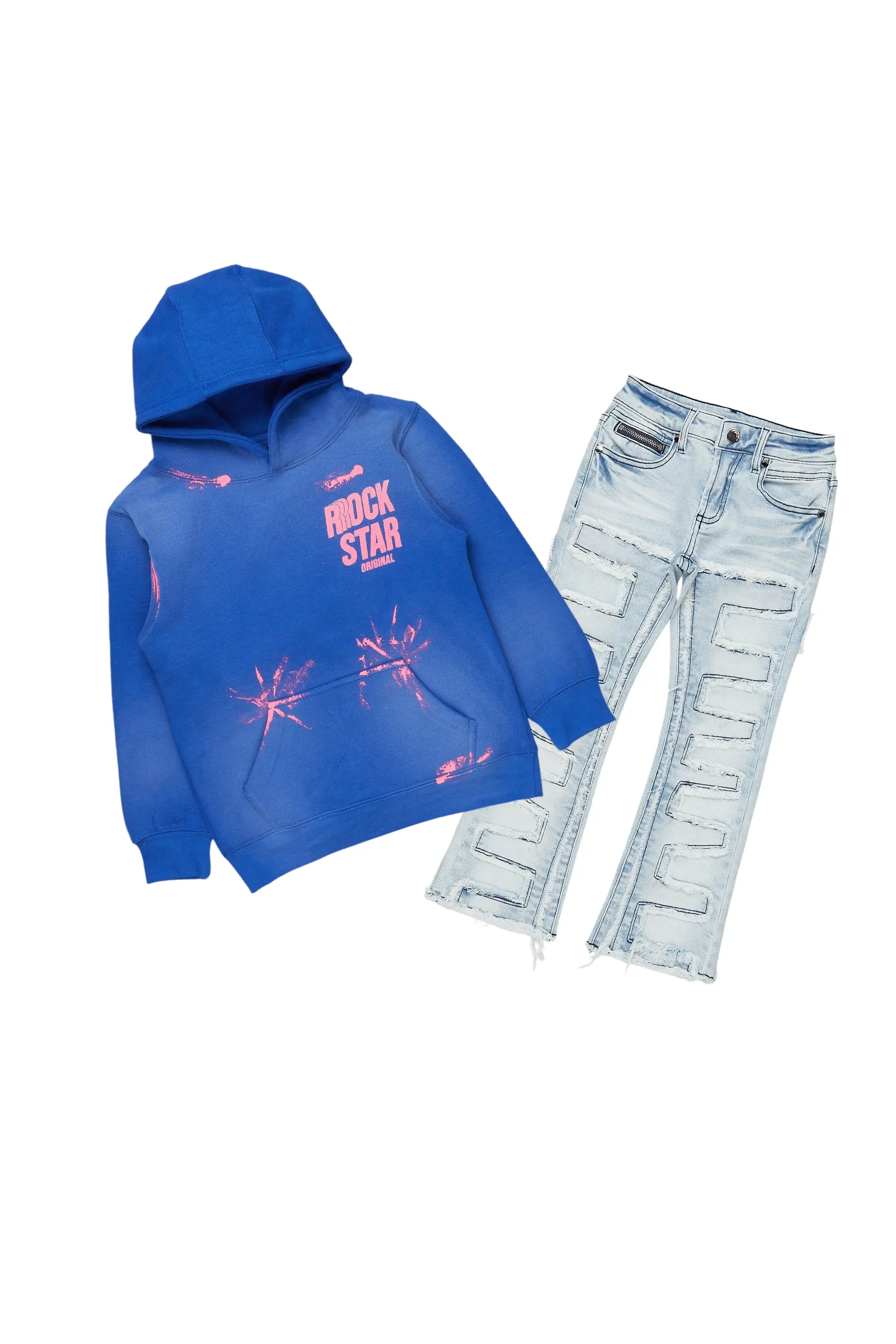 Boys Aiden Royal Blue Hoodie/Stacked Flare Jean Set