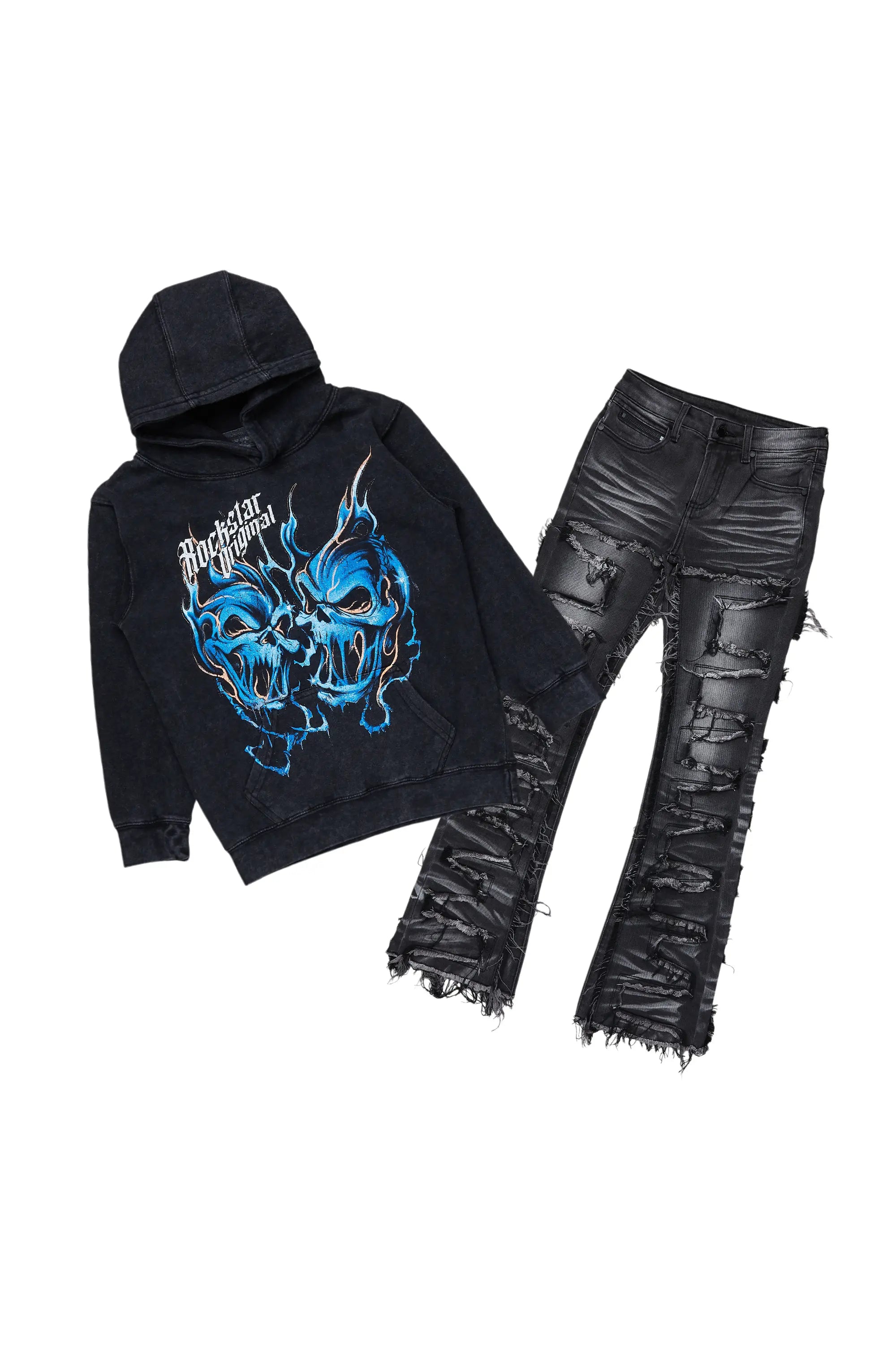 Boys Texastea Vintage Black Hoodie/Stacked Flare Jean Set