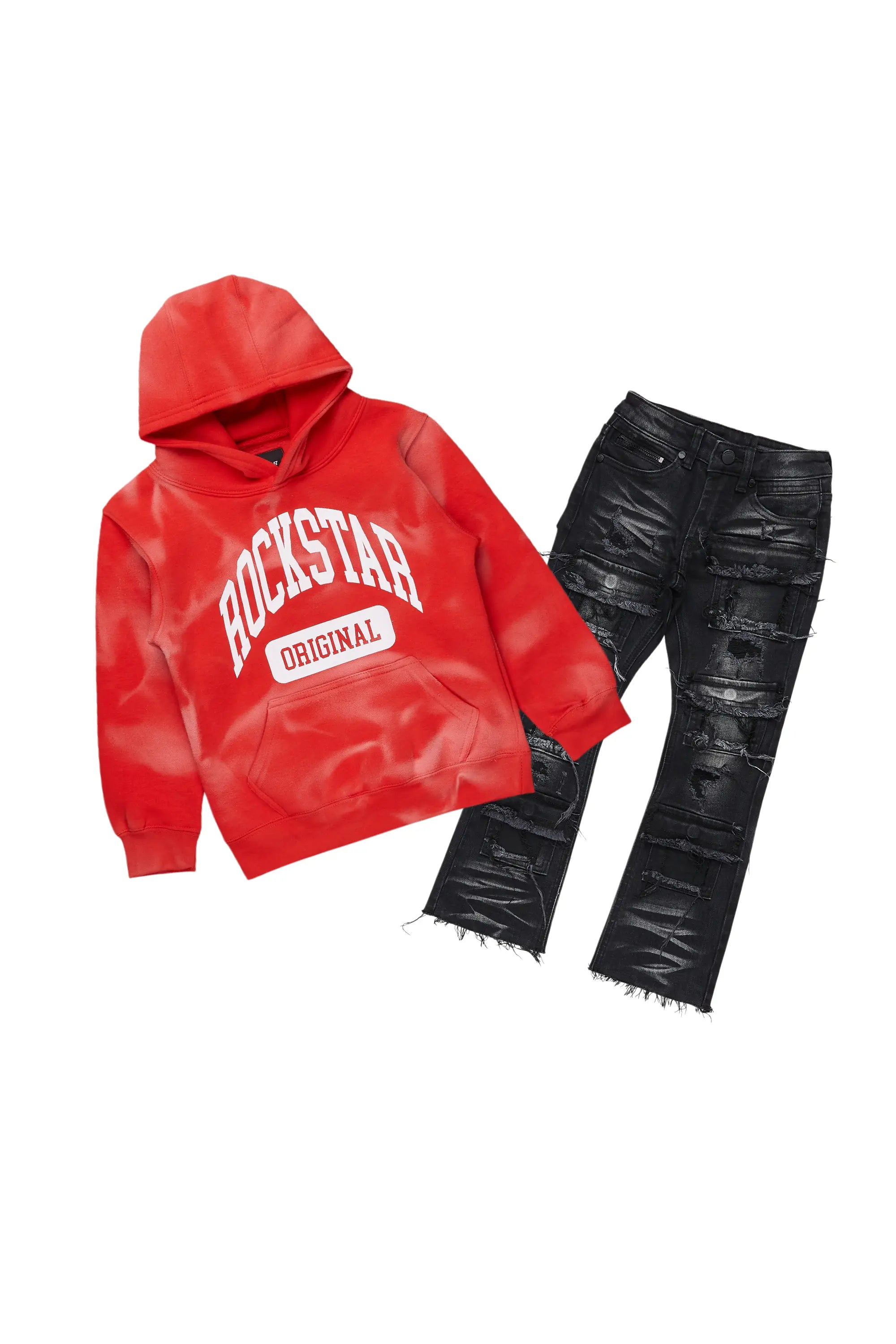 Boys Member Red/Black Hoodie/Stacked Flare Jean Set