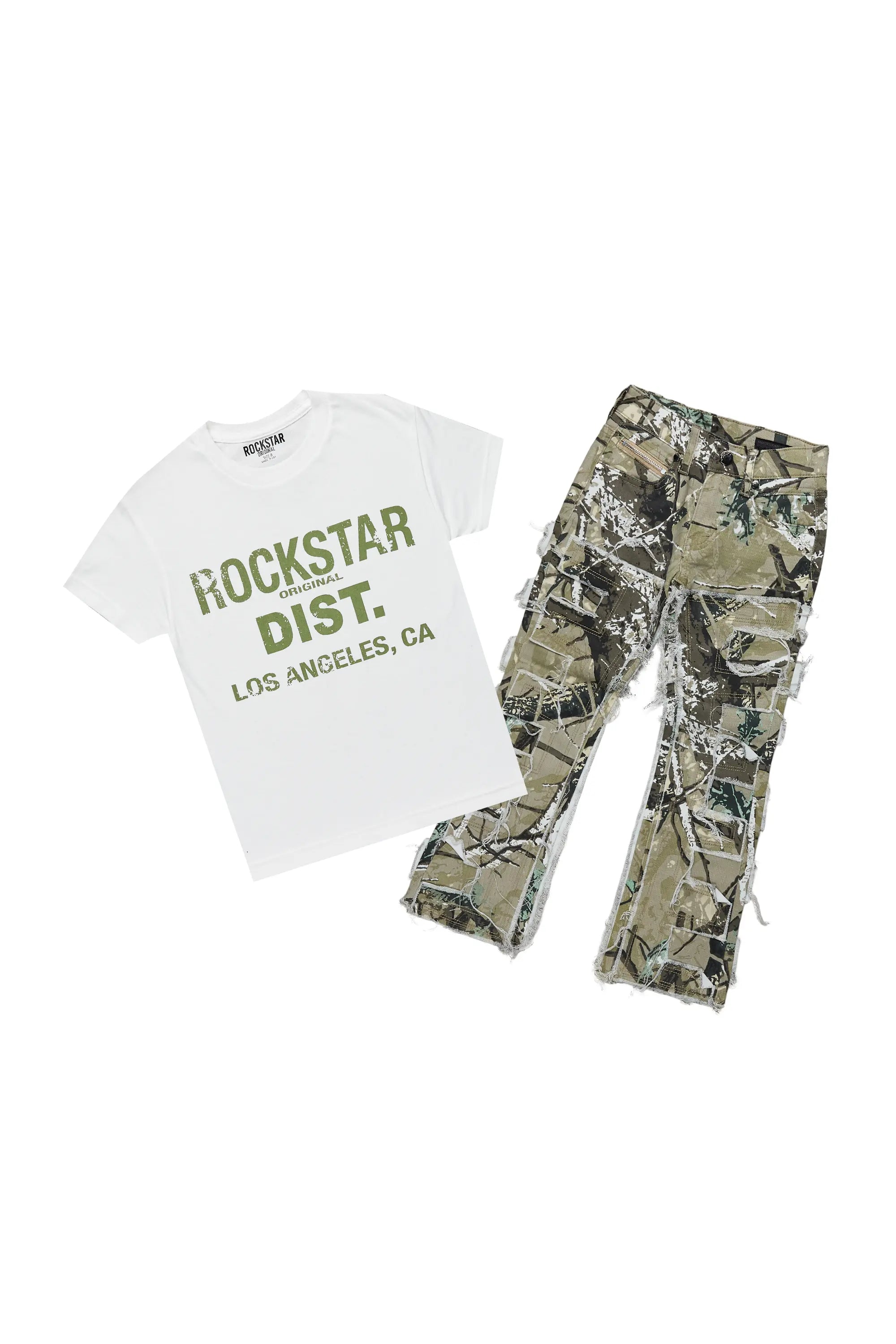 Boys Kyaire Tree Camo T-Shirt/Stacked Flare Jean Set