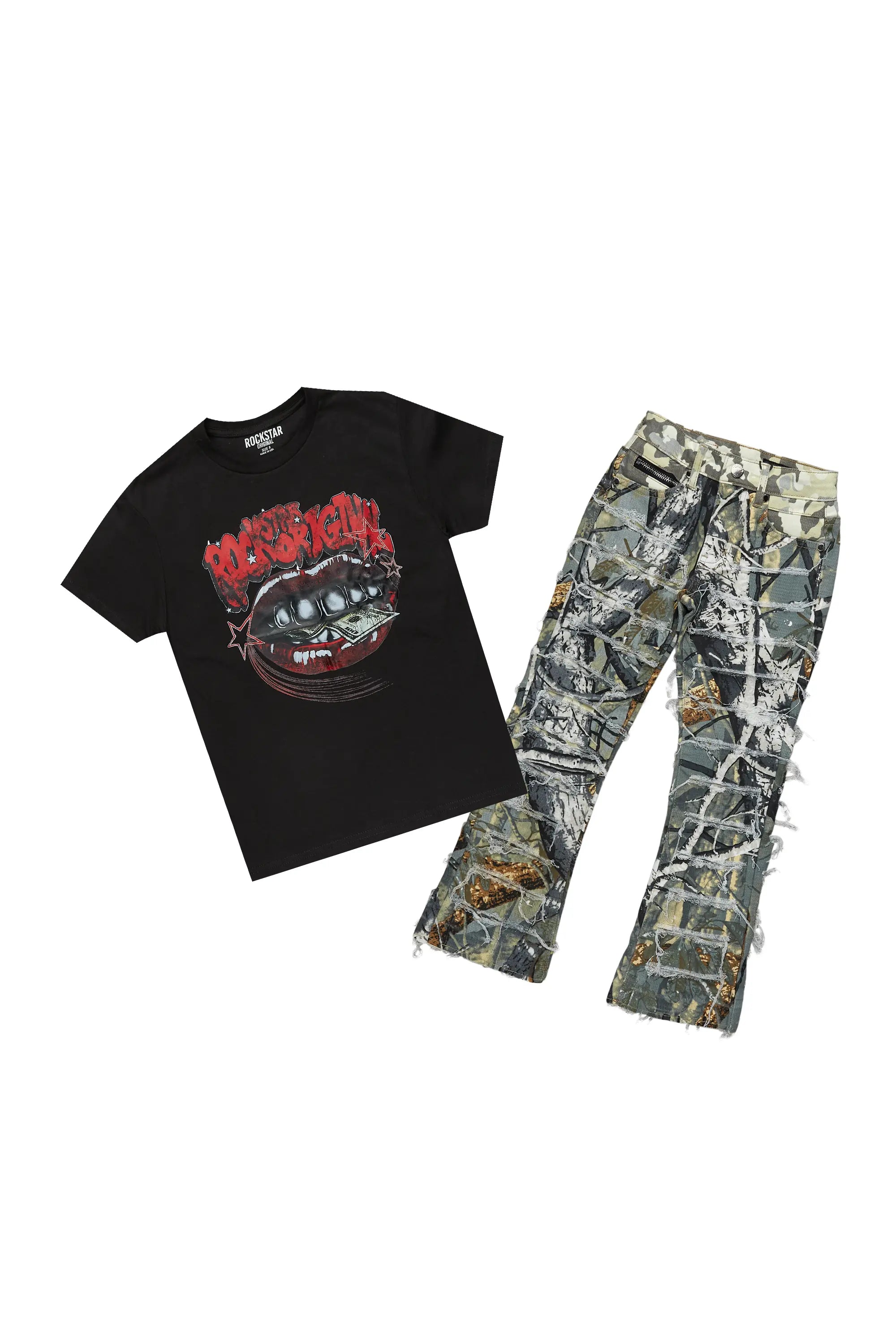 Boys Kaizen Tree Camo T-Shirt/Stacked Flare Jean Set