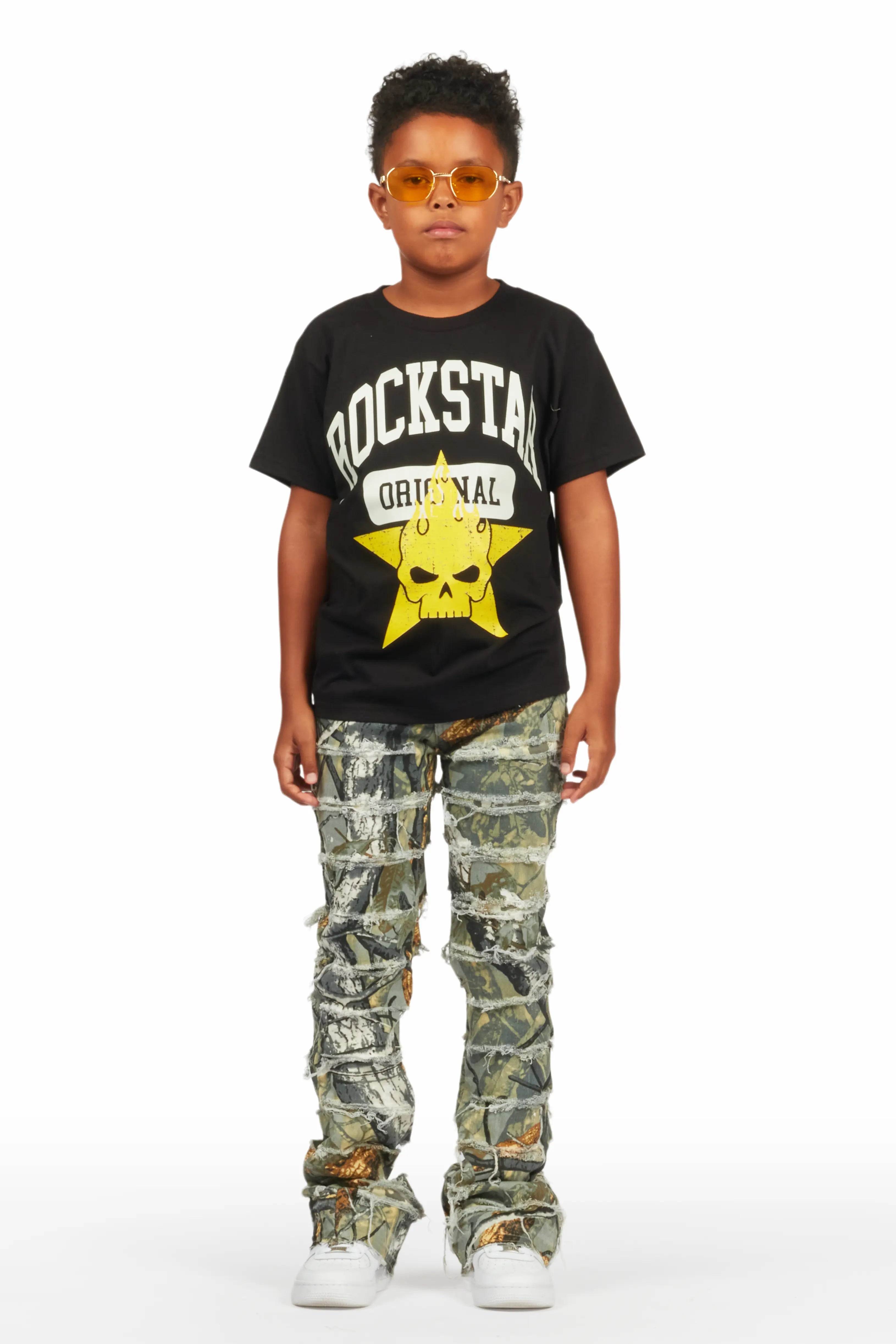 Boys Semaj Tree Camo T-Shirt/Stacked Flare Jean Set