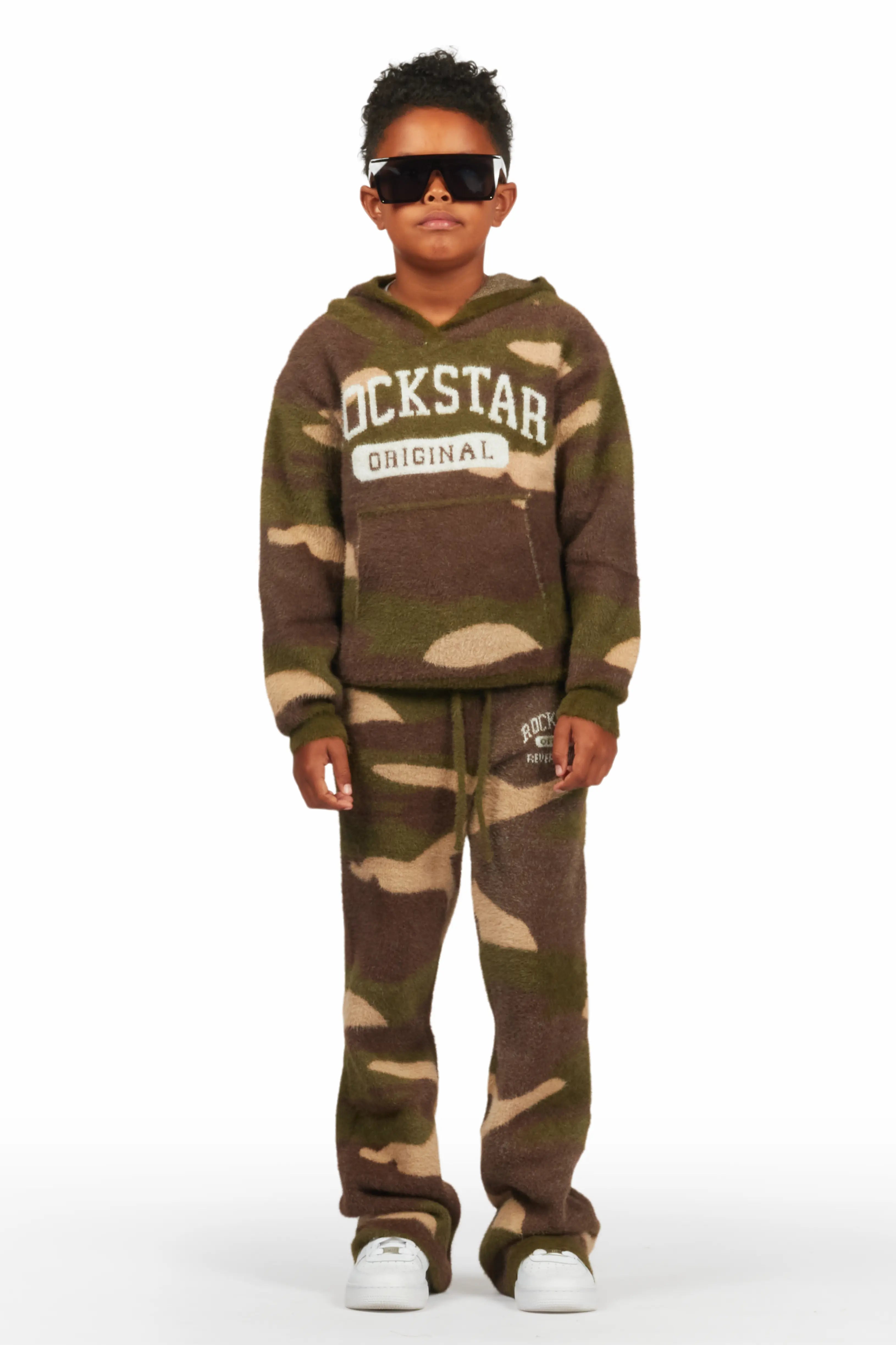 Boys Member Green Camo Stacked Flare Knitted Mohair Track Set