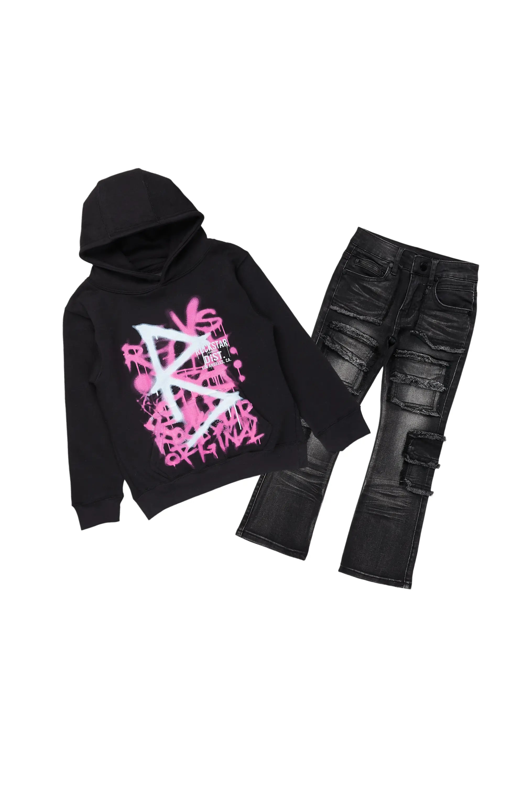 Girls Nahomy Black Hoodie/Slim Fit Jean Set