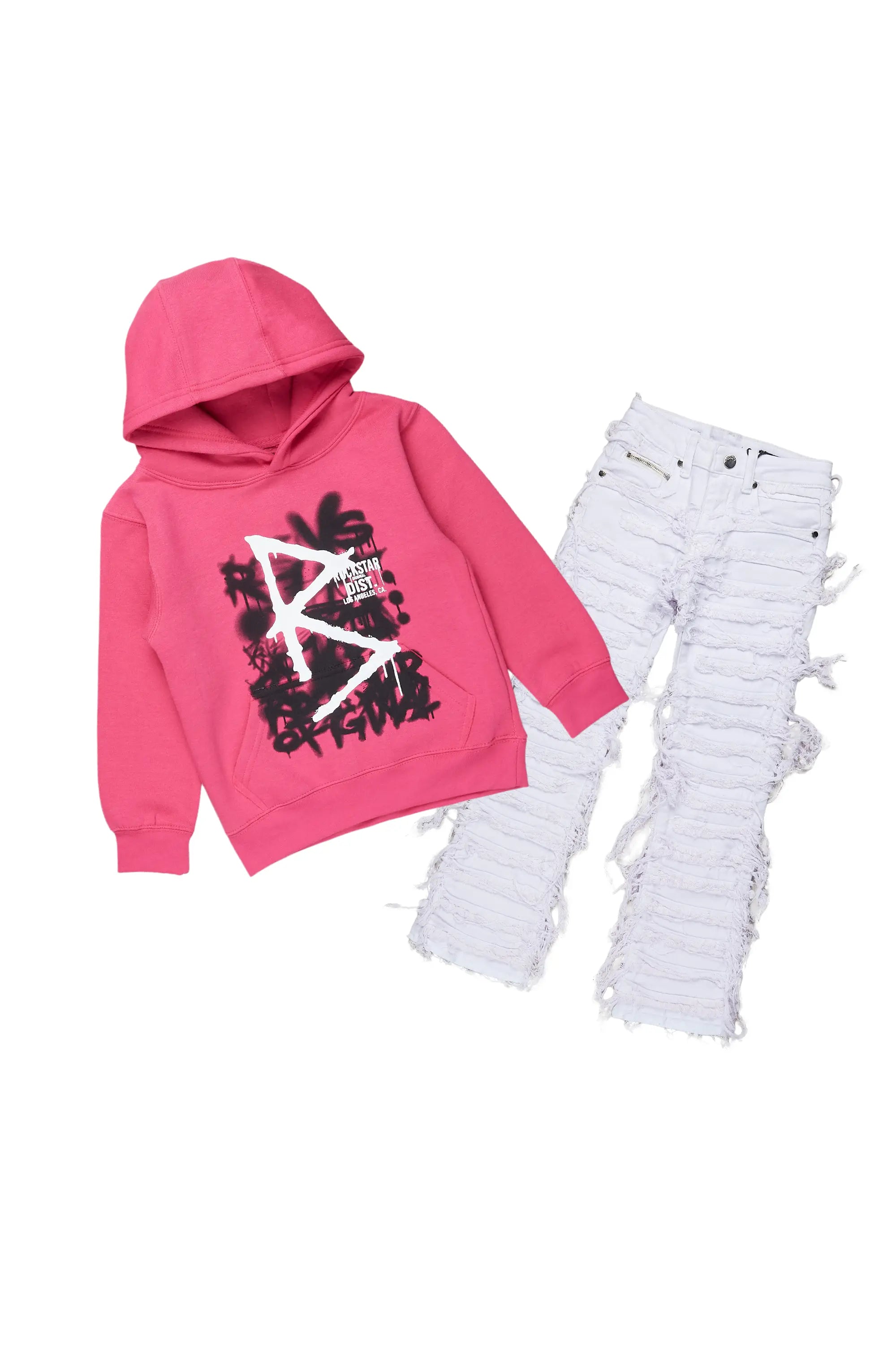 Girls Nahomy Fuchsia Hoodie/Stacked Flare Jean Set