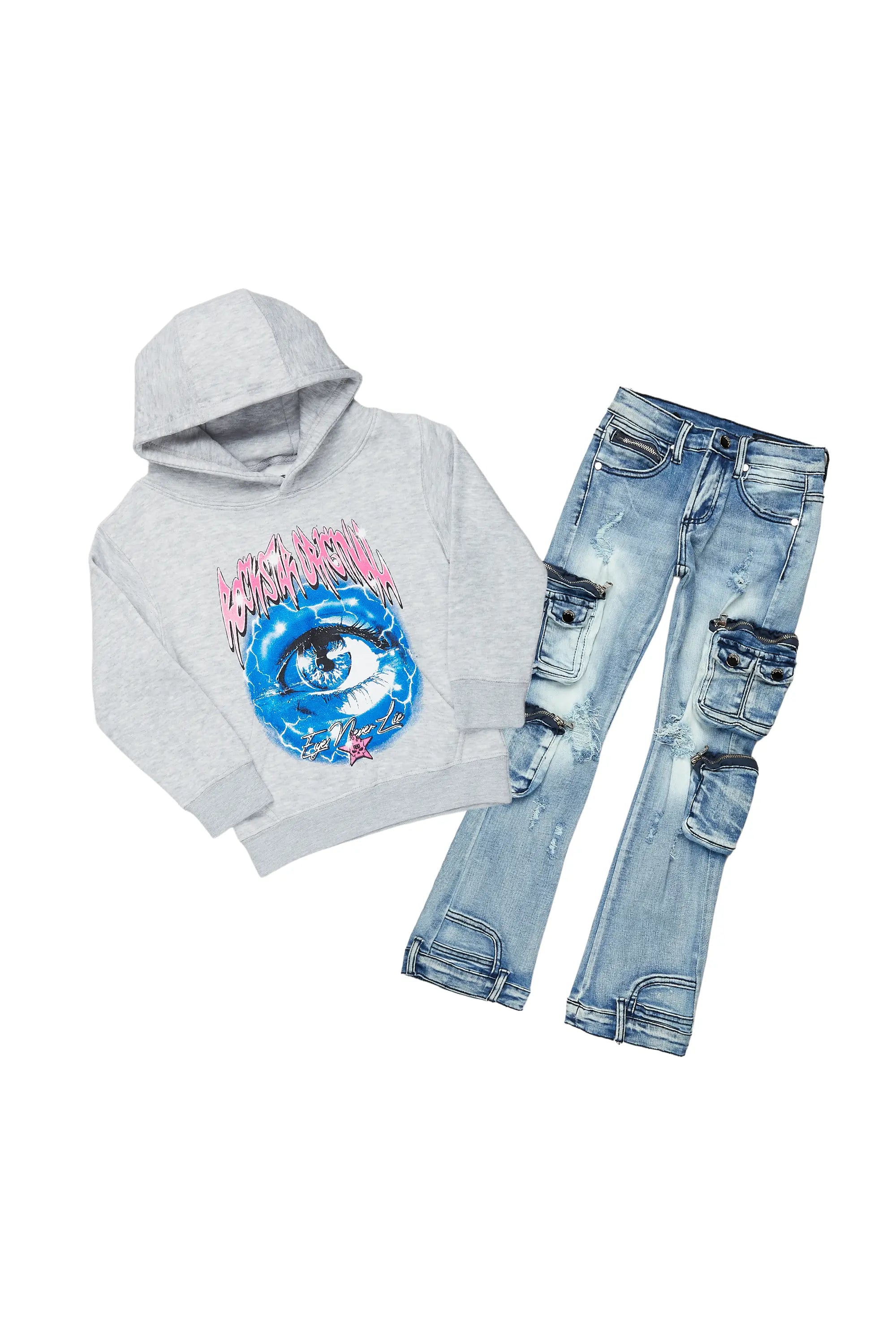 Girls Alie Grey/Blue Hoodie/Stacked Flare Jean Set