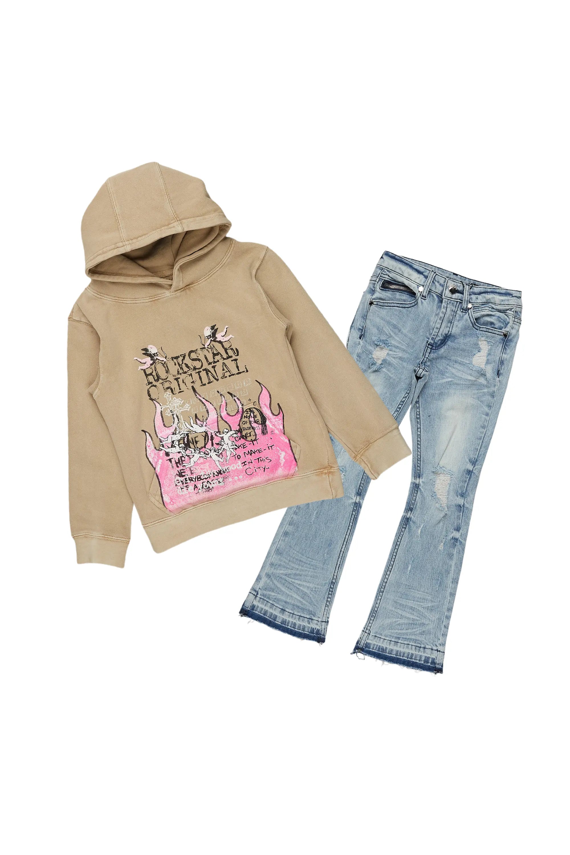 Girls Leira Blue/Vintage Beige Hoodie/Stacked Flare Jean Set