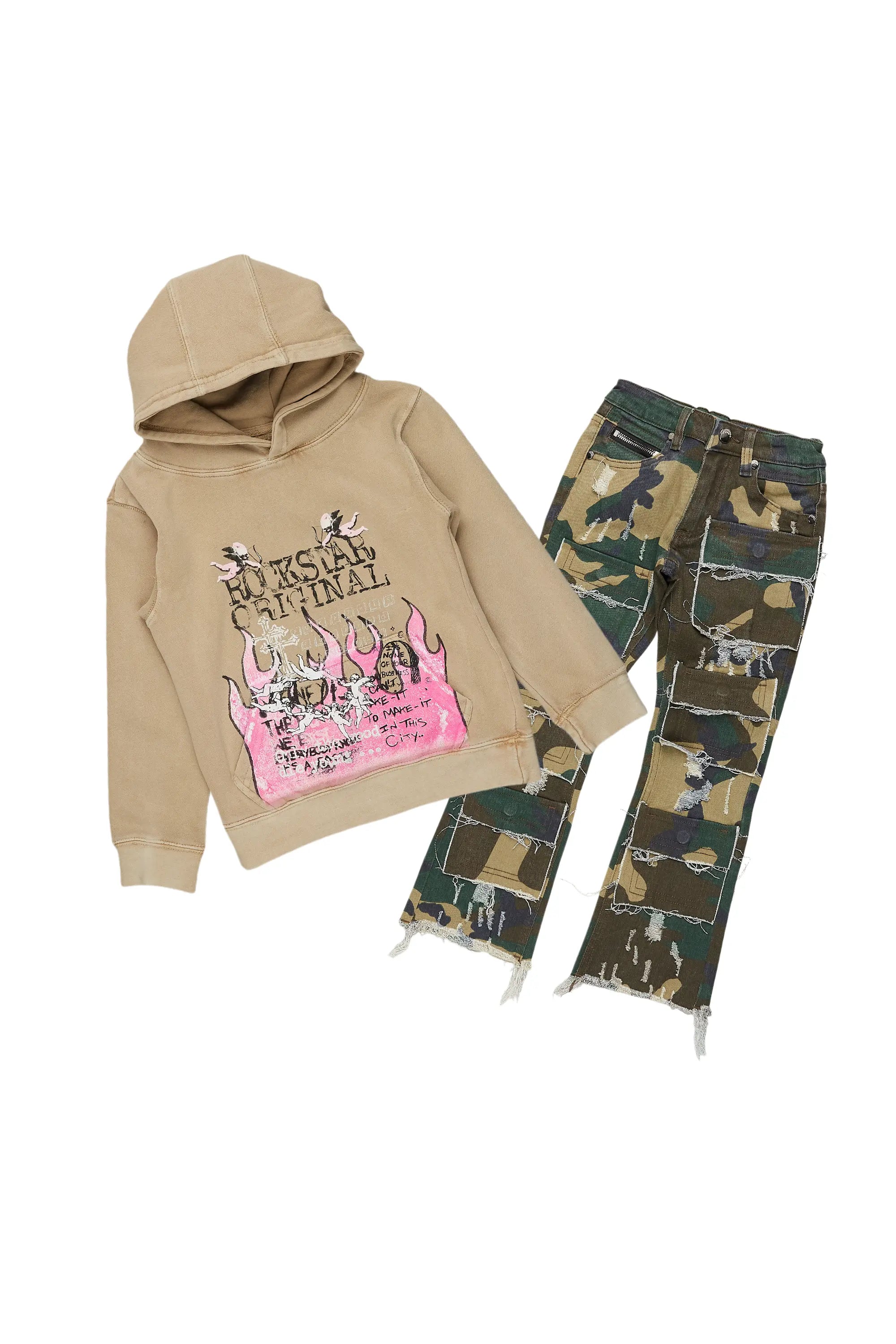 Girls Leira Camo Hoodie/Stacked Flare Jean Set