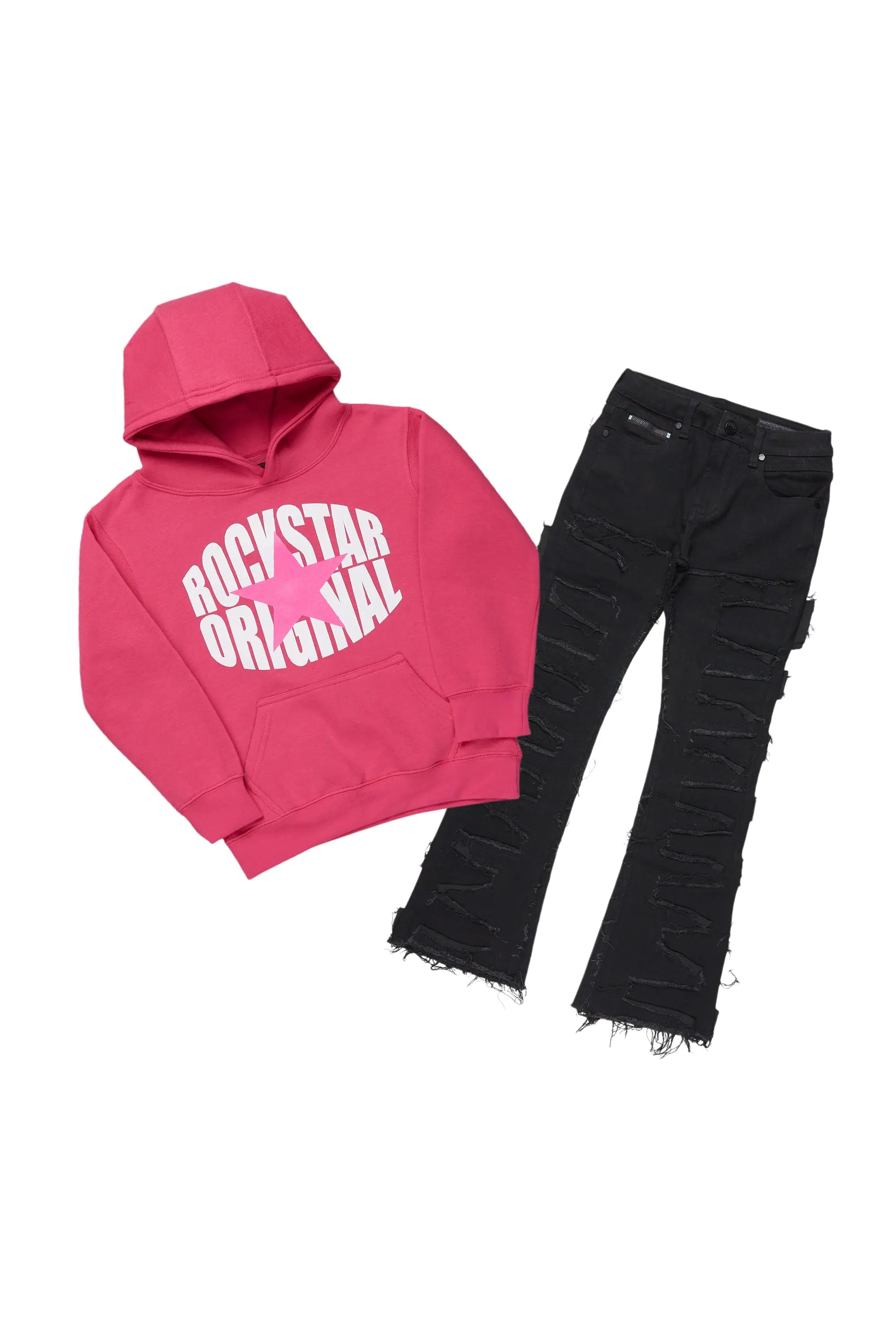 Girls Lucia Pink/Black Hoodie/Stacked Flare Jean Set