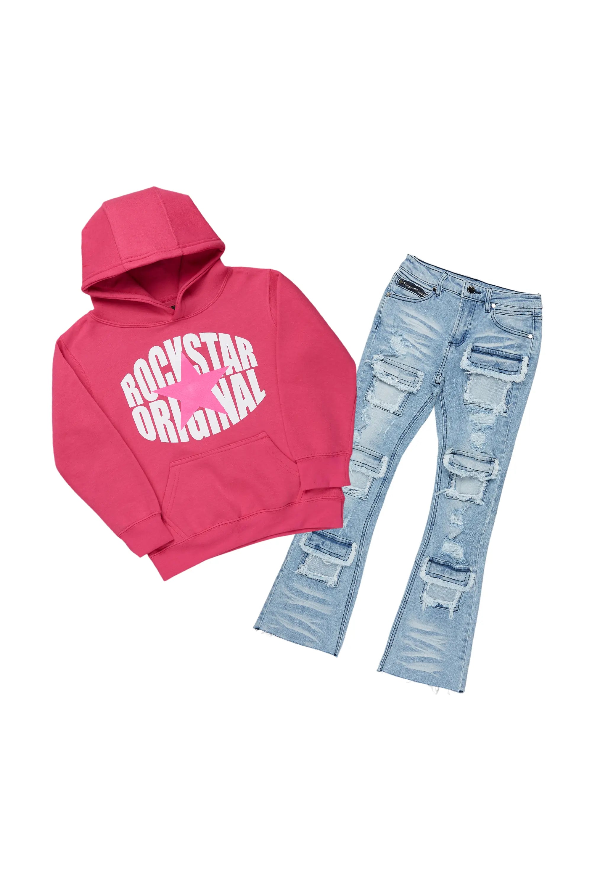 Girls Lucia Pink/Blue Hoodie/Stacked Flare Jean Set