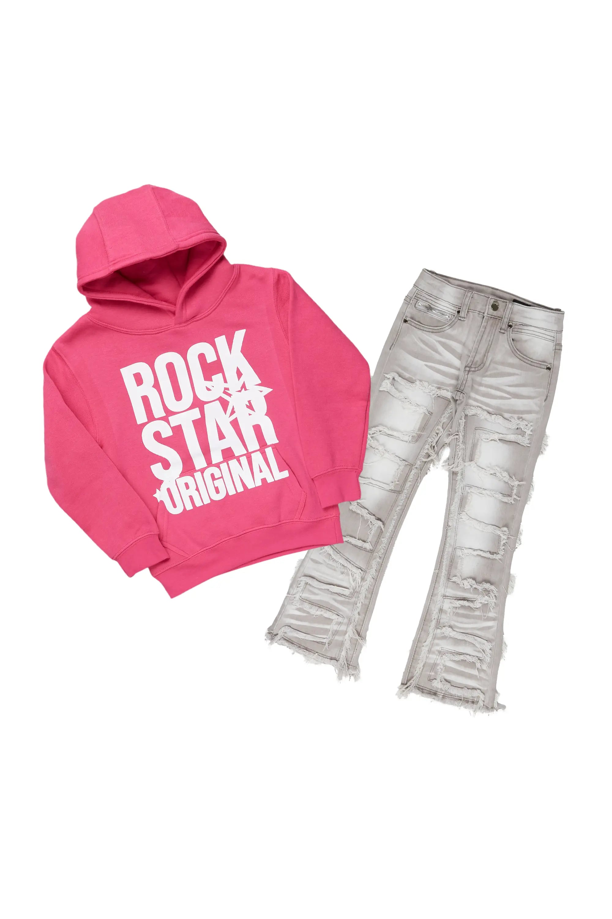 Girls Melanie Grey/Pink Hoodie/Stacked Flare Jean Set