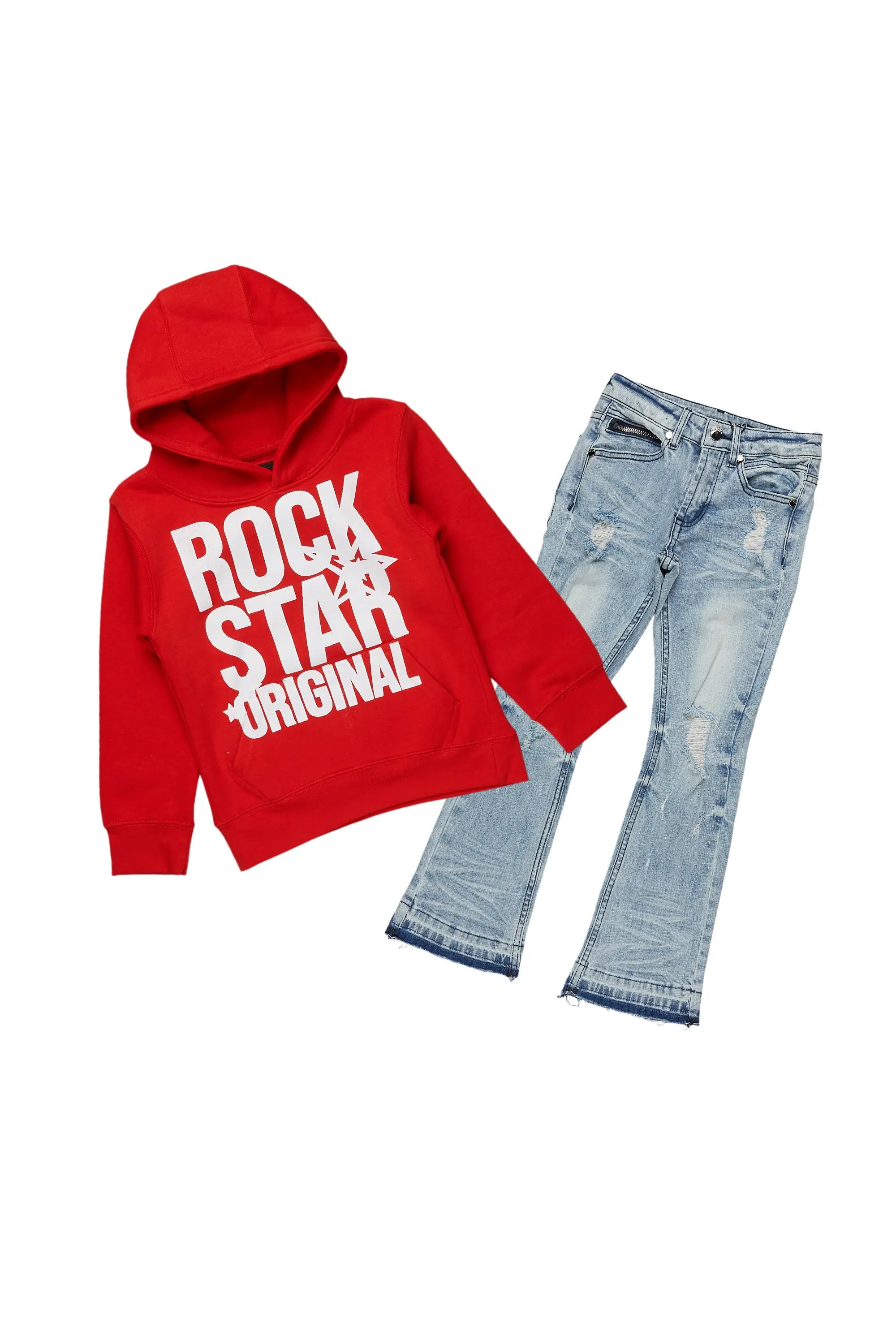 Girls Melanie Red/Blue Hoodie/Stacked Flare Jean Set