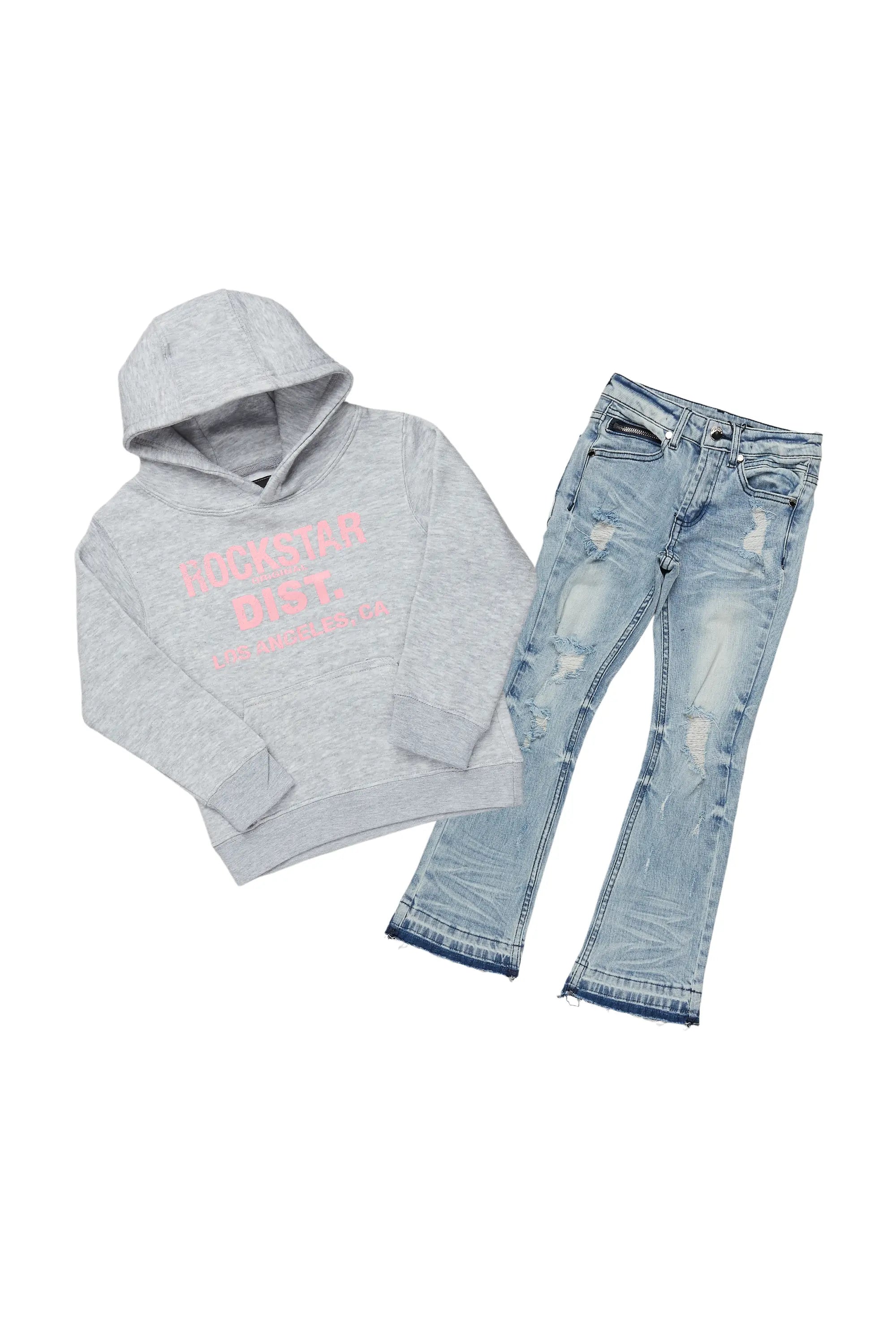 Girls Janny Grey/Blue Hoodie/Stacked Flare Jean Set