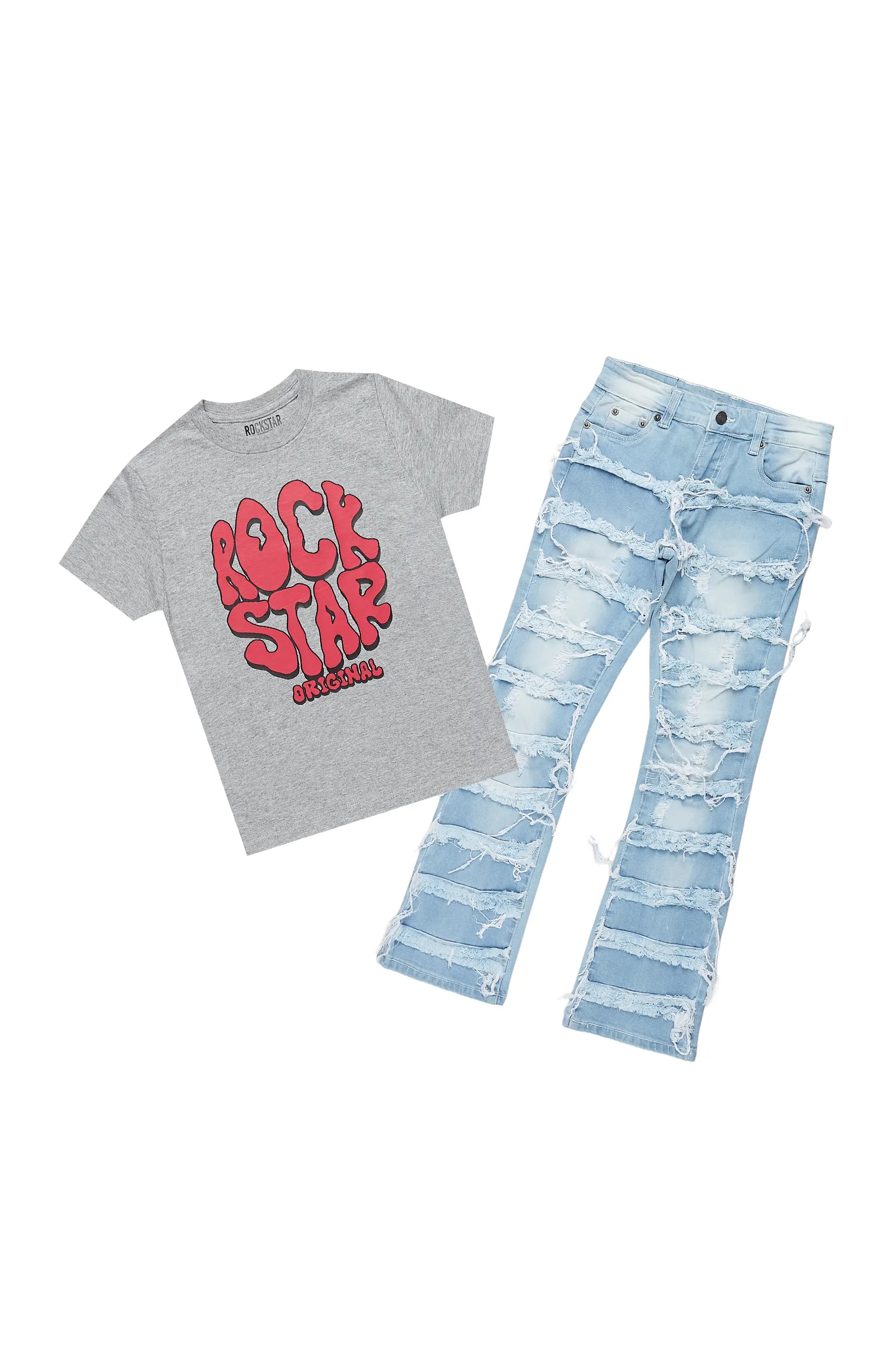 Girls Cassia Grey/Blue T-Shirt/Stacked Flare Jean Set