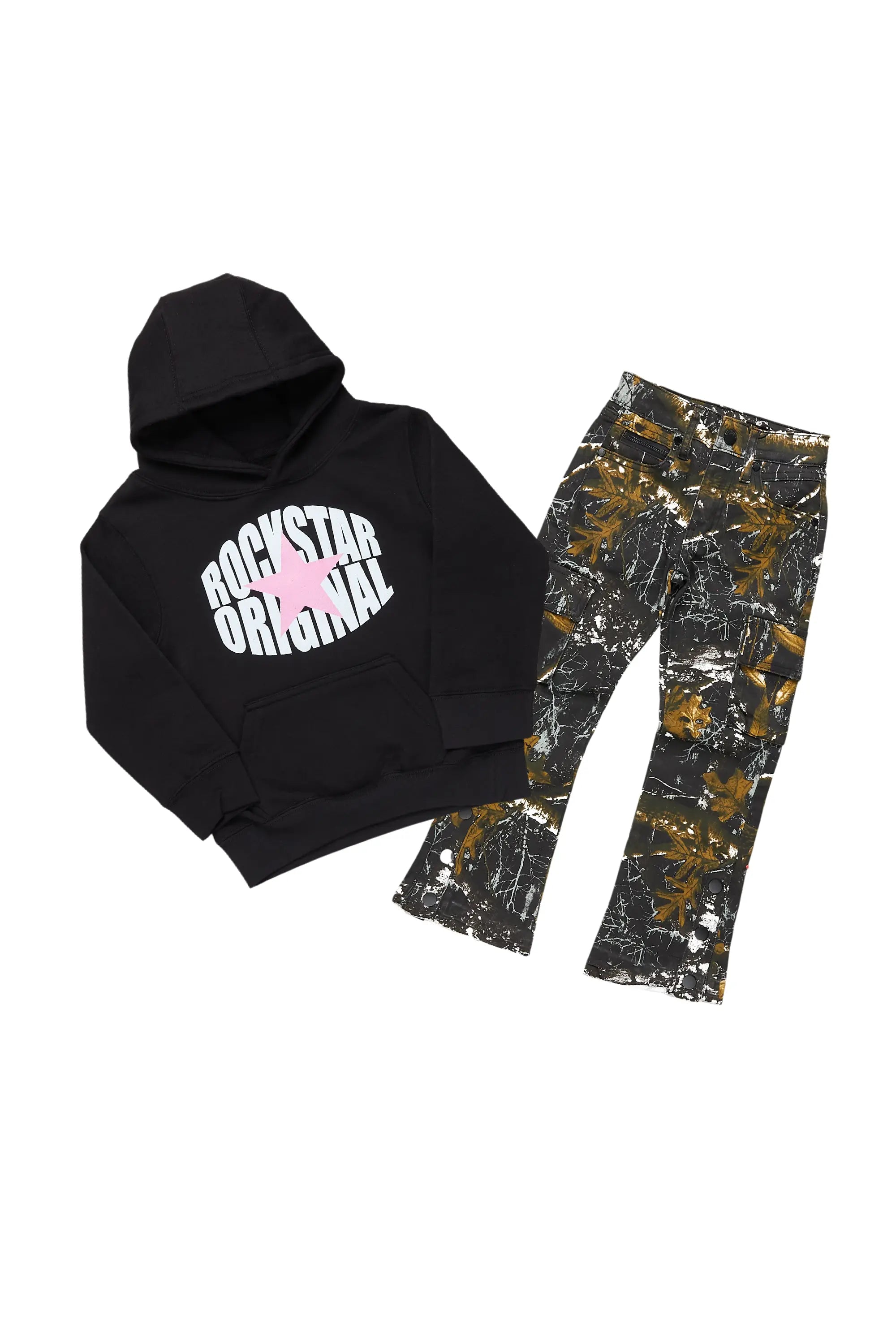 Girls Mia Black Tree Camo Hoodie/Stacked Flare Jean Set